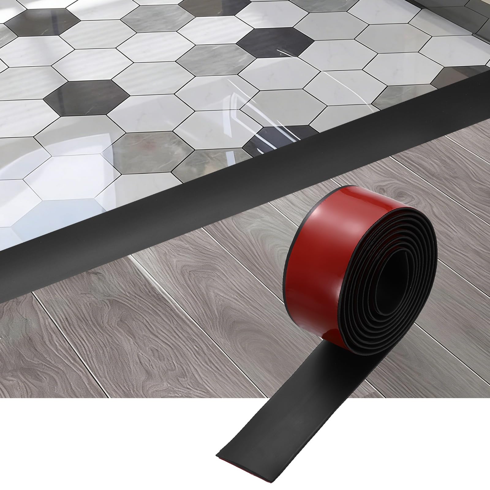 sourcing map Floor Transition Strip, 6.5FT x 1.97" x 0.14" Self Adhesive Floor Cover Strips Laminate Edge Trim for Flooring Gaps Carpet Transition, Black