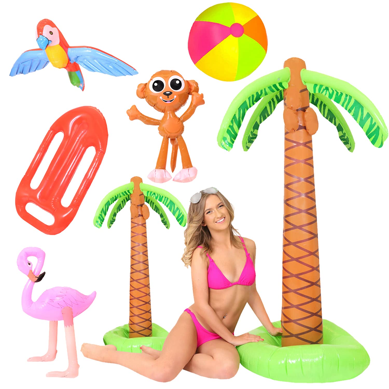 I LOVE FANCY DRESS LTD Lato nadmuchiwany, zestaw – 152 cm palmowy, 91 cm, piłka plażowa, papka, małpa, flamingo i lot życia – letnia zabawa plaża basen impreza dekoracje