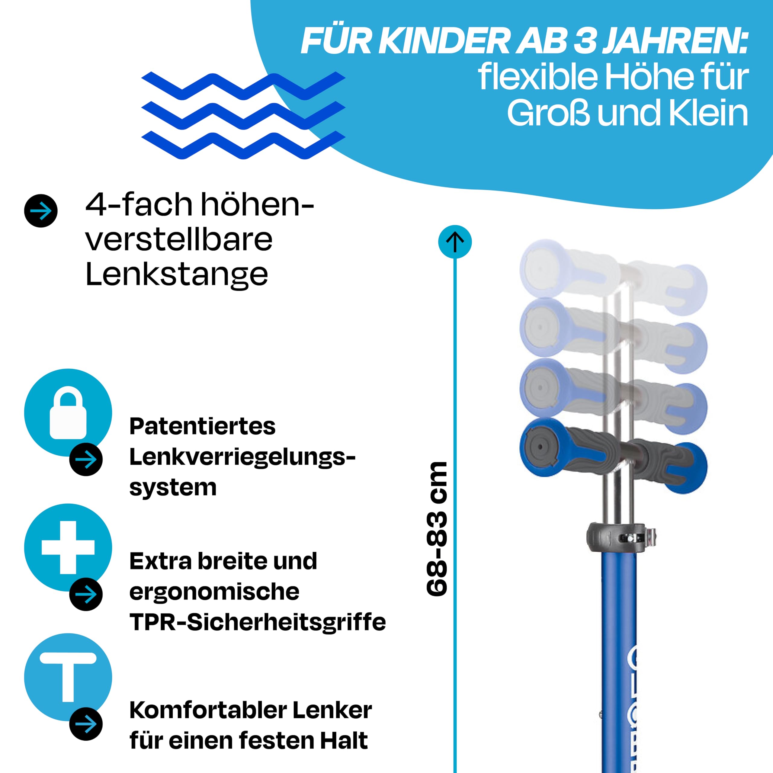 Globber - ELITE DELUXE LIGHTS - Monopattino pieghevole e illuminato a 3 ruote per bambini dai 3 ai 9 anni +, Blu marino