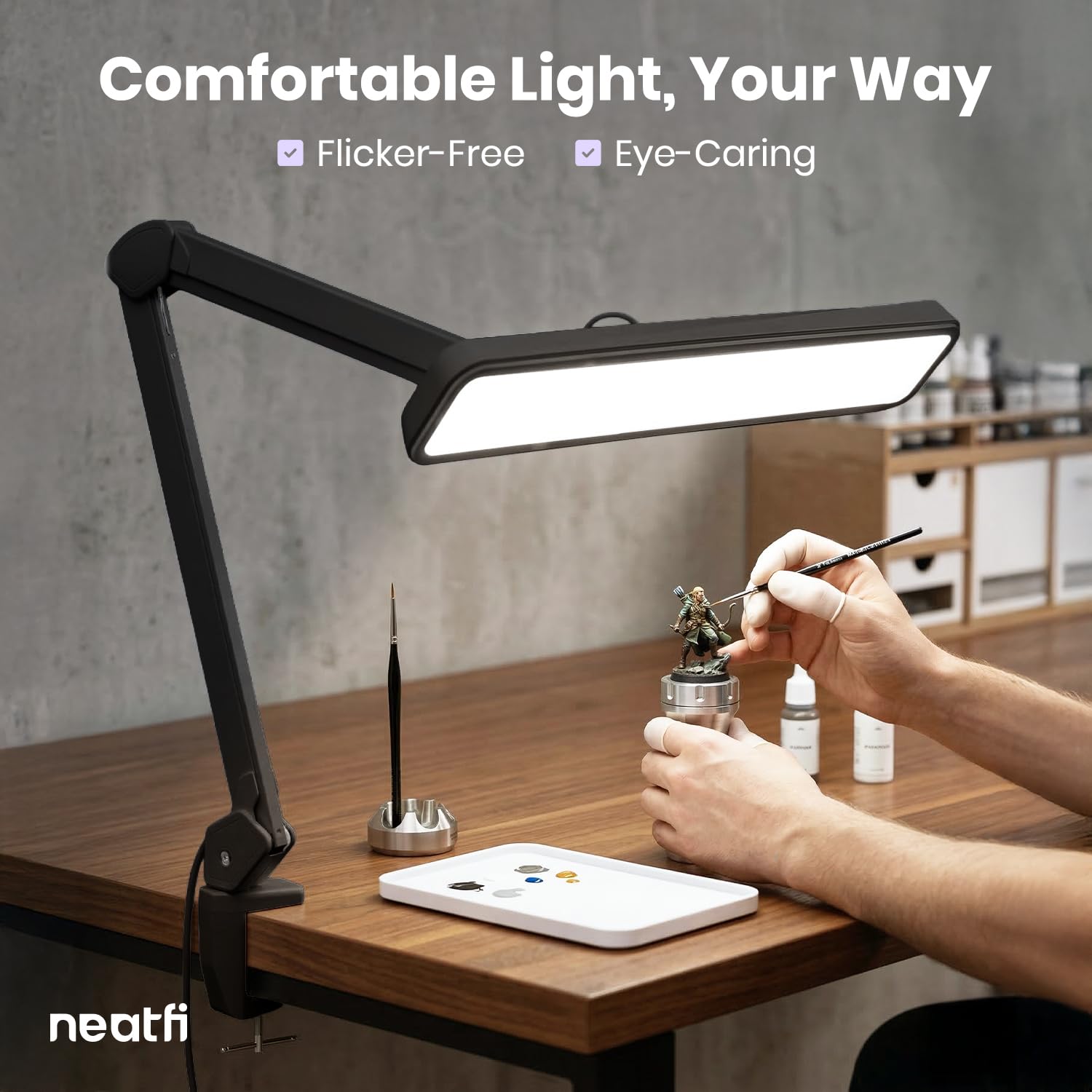 Neatfi XL 2.500 Lumen 30W LED-Arbeitslampe – 56 cm breiter Lampenkopf | 324 SMD-LEDs | 5 Lichtmodi | 3000K–6000K | Dimmbar | Schreibtischlampe für Zuhause & Büro (Schwarz, CCT mit Klemme)