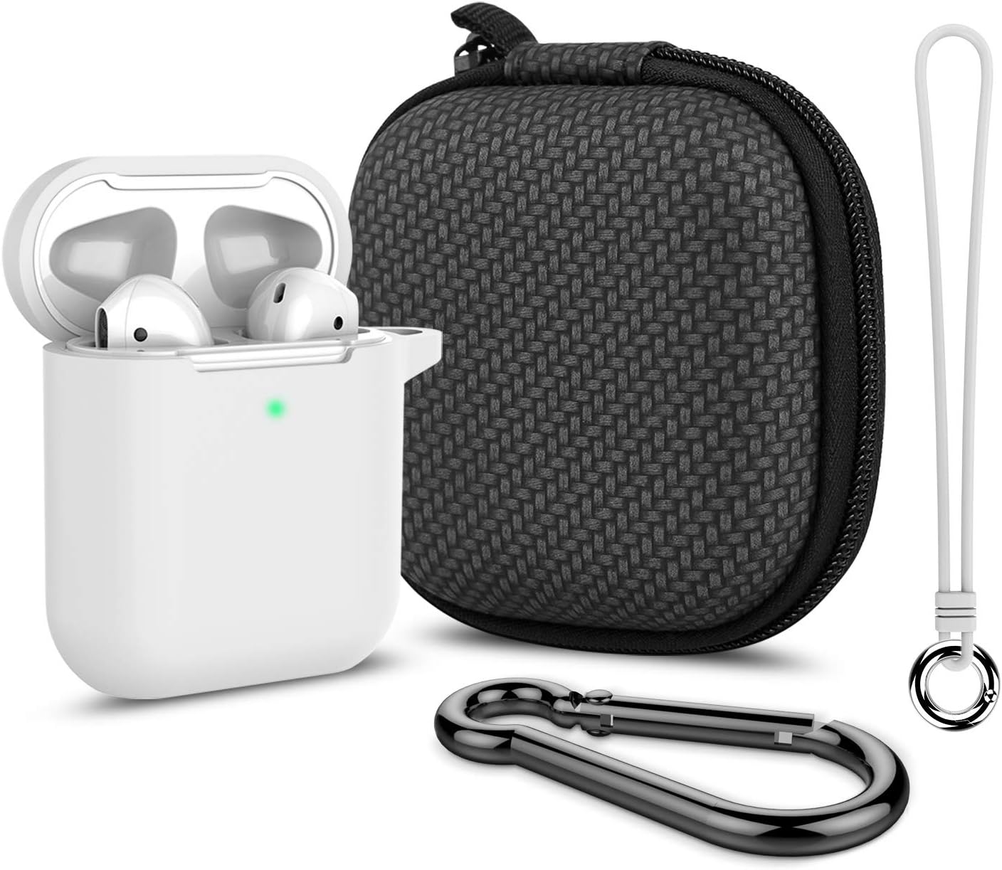 Airpods Case, Music tracker Thicken Protective Airpods 2 Cover Soft Silicone Earbuds Case [Front LED Visible] with Carabiner/Anti-Lost Lanyard/EVA Storage Bag for Apple Airpods Gen 2 (White)