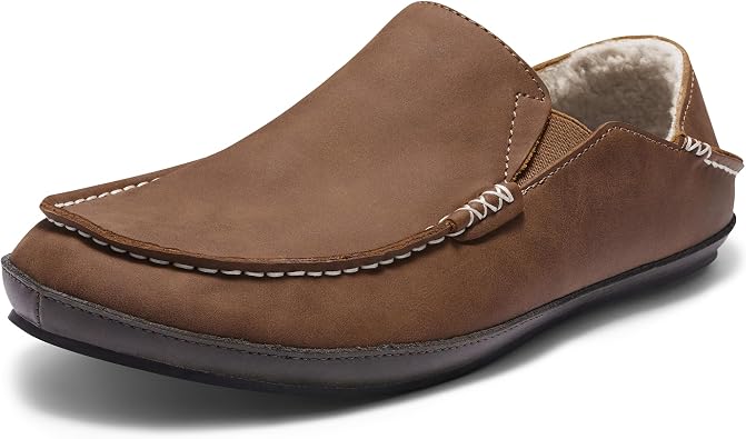 Mens Premium Everyday Moccasin Slippers Crafted Leather Upper Plush Shearling-Style Lining Removable PU Arch Support Insole with Deep Heel Cup Non-Slip Non-Marking Rubber Sole Fold-Down Heel Indoor Outdoor