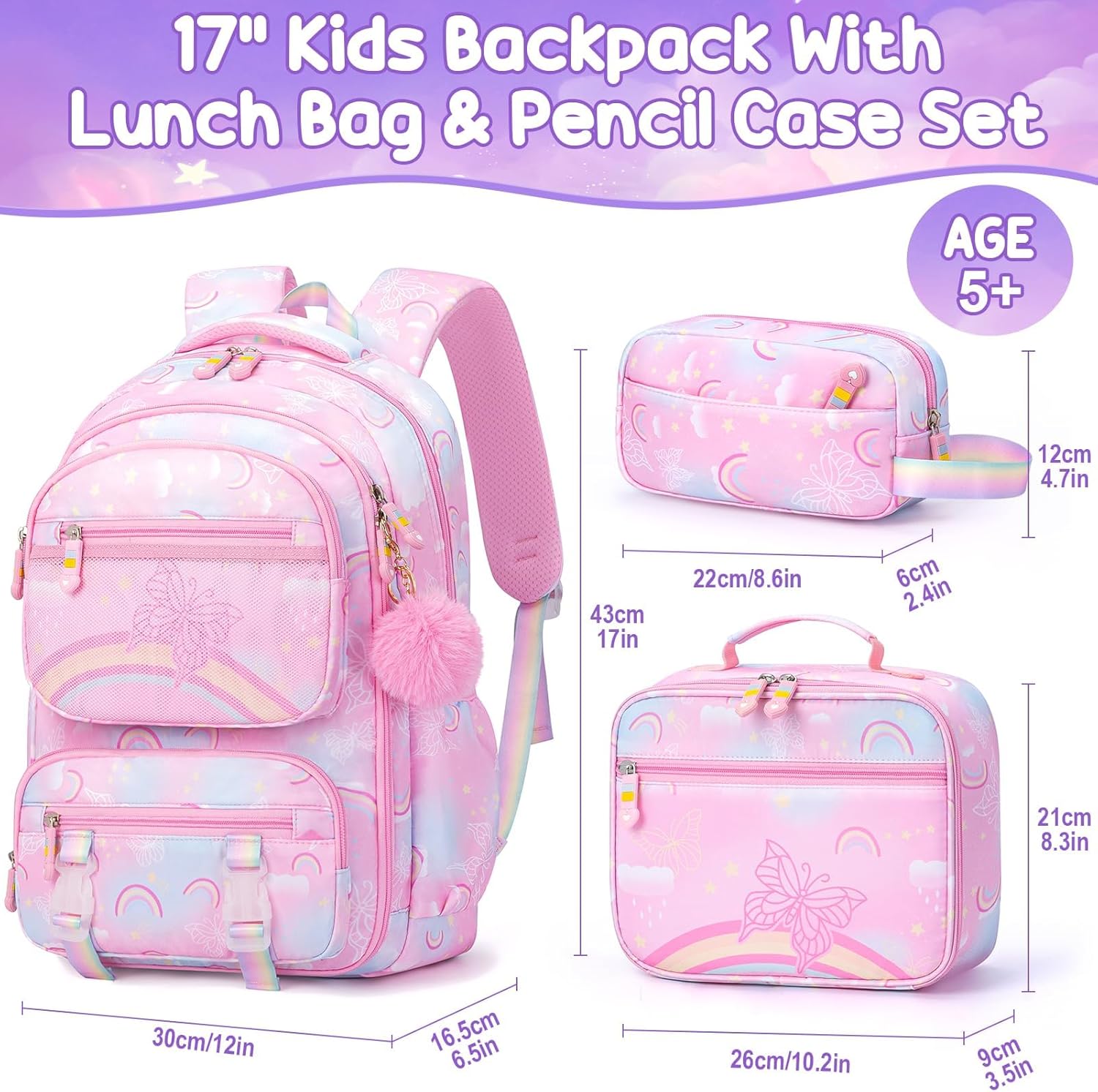 Fimibuke Kids Backpack for Girls, 3PCS Rainbow & Butterflies Teen Girls Backpack with Lunch Box & Pencil Case, Cute Pink Bookbag School Bag for Kindergarten Elementary Middle School Student Ages 5+ - Image 2