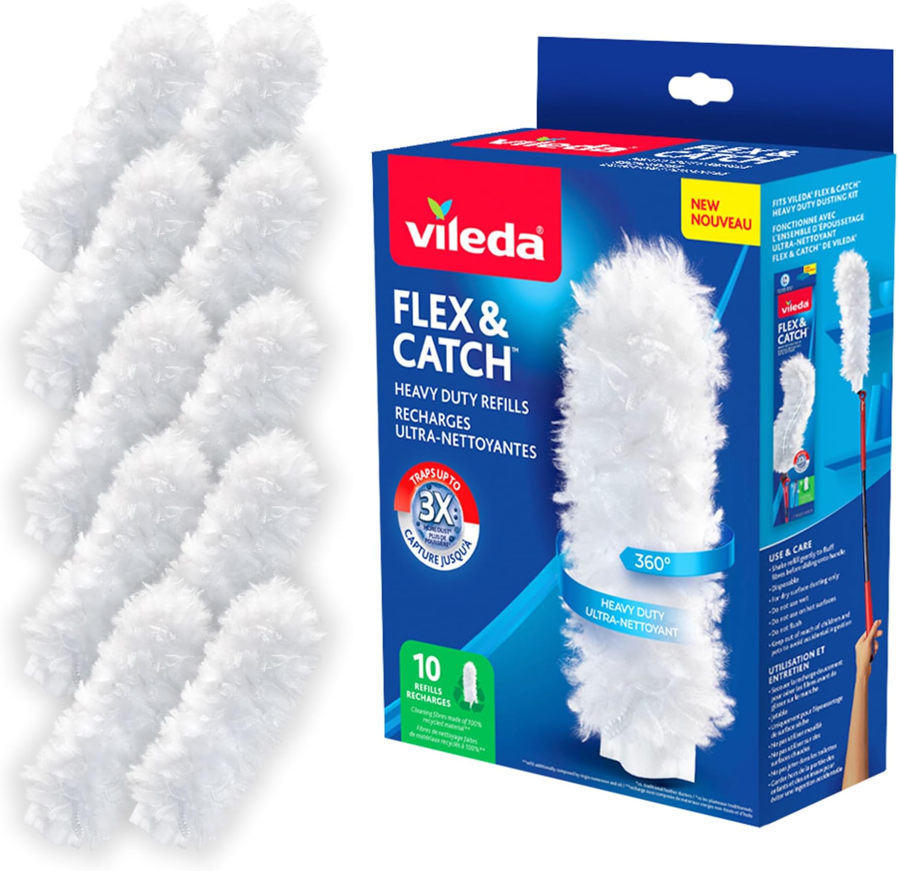 Vileda Flex & Catch Heavy Duty Duster Refills (10 Count) | Disposable Duster Refill with Cleaning Fibres Made of 100% Recycled Materials | Traps 3X More Dust Than Traditional Feather Duster