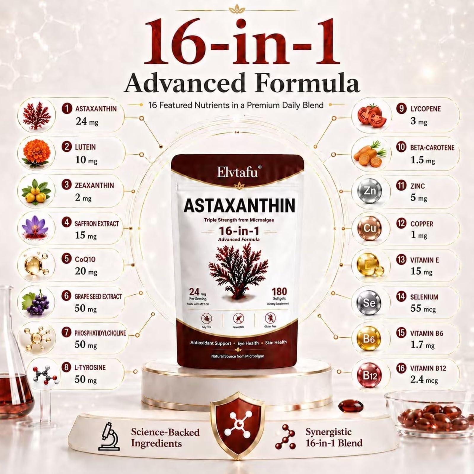24mg Astaxanthin 16-in-1 Supplements with Zeaxanthin & Lutein Astaxanthin 180 Softgels from Microalgae,Antioxidant Complex with MCT Oil for Skin, Eye, Heart,Support Astaxantina Antioxidant — Amazon image 2