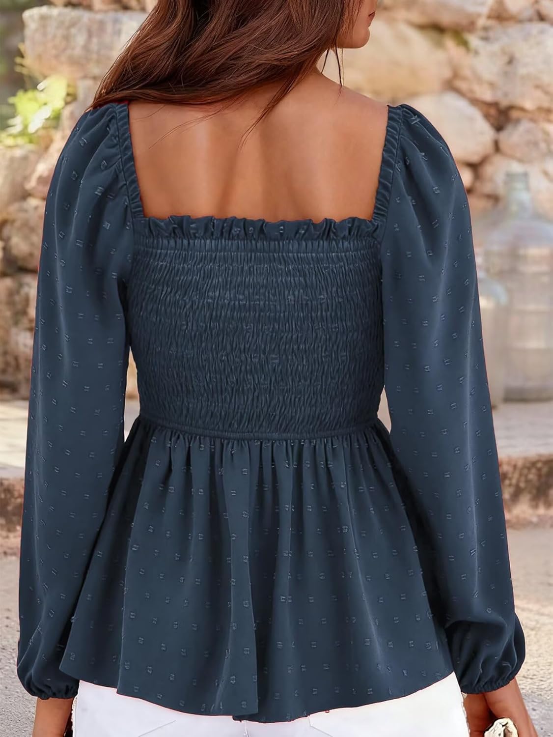 Flamingals Women's Long Sleeve Babydoll Tops Peplum Smocked Blouse Sweetheart Neck Empire Waist Shirts Pink 2XL - Image 2