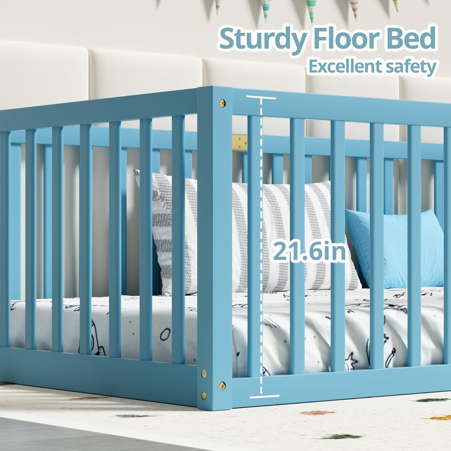 LLS Queen Size Floor Bed with 21.6" High Fence, Solid Wood Multifunctional Montessori Bed Frame with Door for Kids Boys Girls, Without Slats, Sky