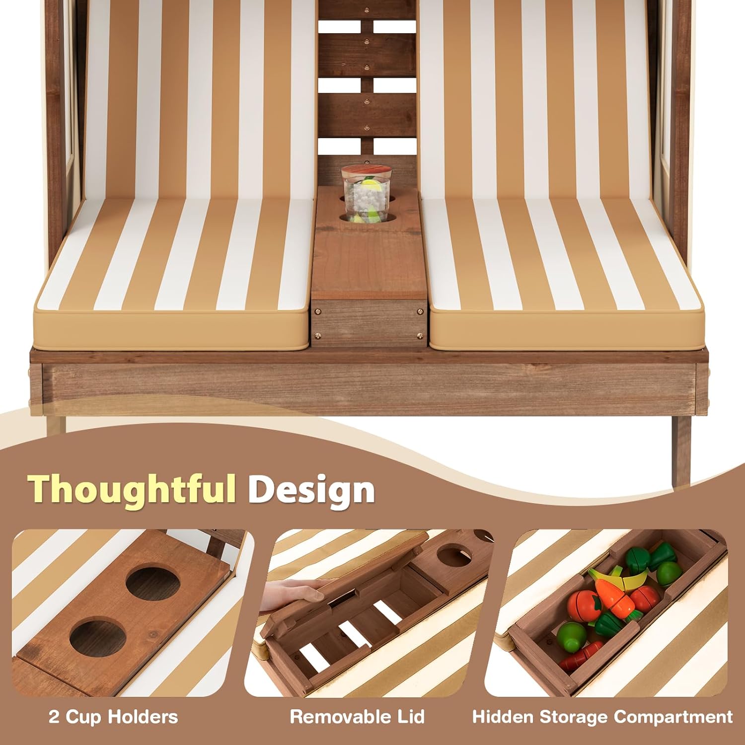 Costzon Kids Lounge Chair Outdoor, Wood Double Seat Chaise Lounge with Canopy, Cup Holders, Cushion, Backrest Recliner, Kids Patio Furniture, Gift for Boys Girls 3-8 Years Old