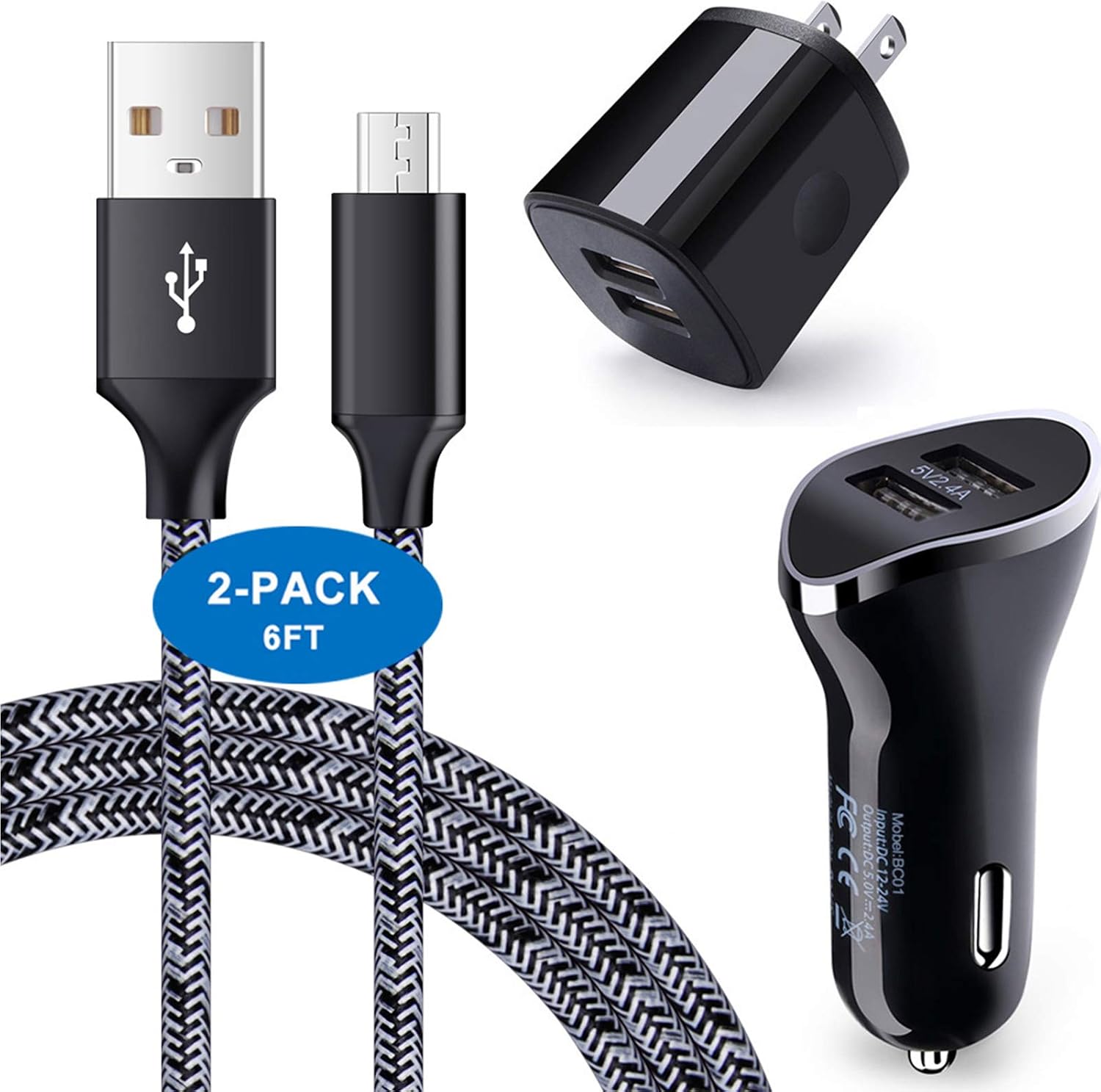 AndHot Android Car Charger Wall Charging Block Plug with 2Pack 6ft Micro USB Cables Compatible with Samsung Galaxy S7 S6 Edge J8 J7 J6 J6+ J5 J4+ J3 J2 J1 Prime/Pro, J7 V/Sky Pro/Crown, LG Stylo 3/2