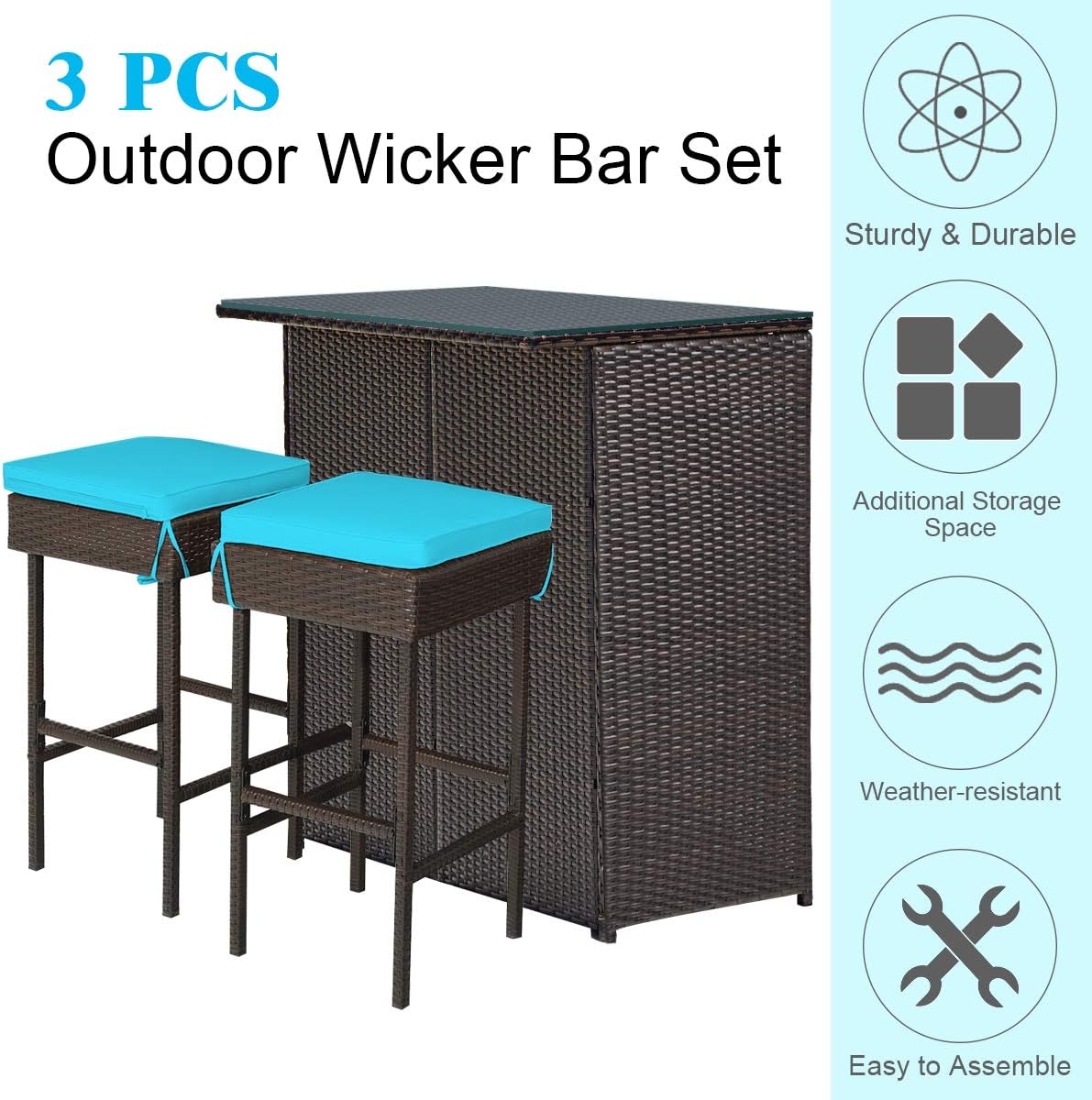 COSTWAY 3PCS Patio Wicker Bar Table Set, Outdoor Rattan Table with Tempered Glass Top and Storage Shelf, 2 Bar Stools with Cushion for Poolside Backyard Deck (Turquoise)