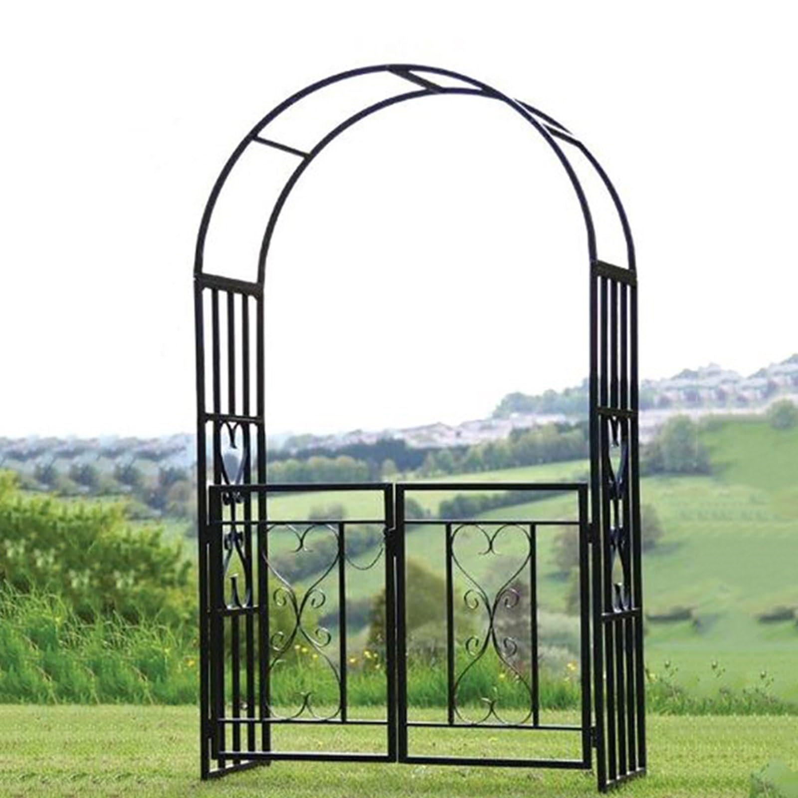 Arche à rosiers avec Porte en métal,Arche de Jardin Noir,Arcade de rosiers 210cm Tuteur Colonne de Jardin,Arceau à Rosiers Pergola pour Plantes grimpantes extérieur