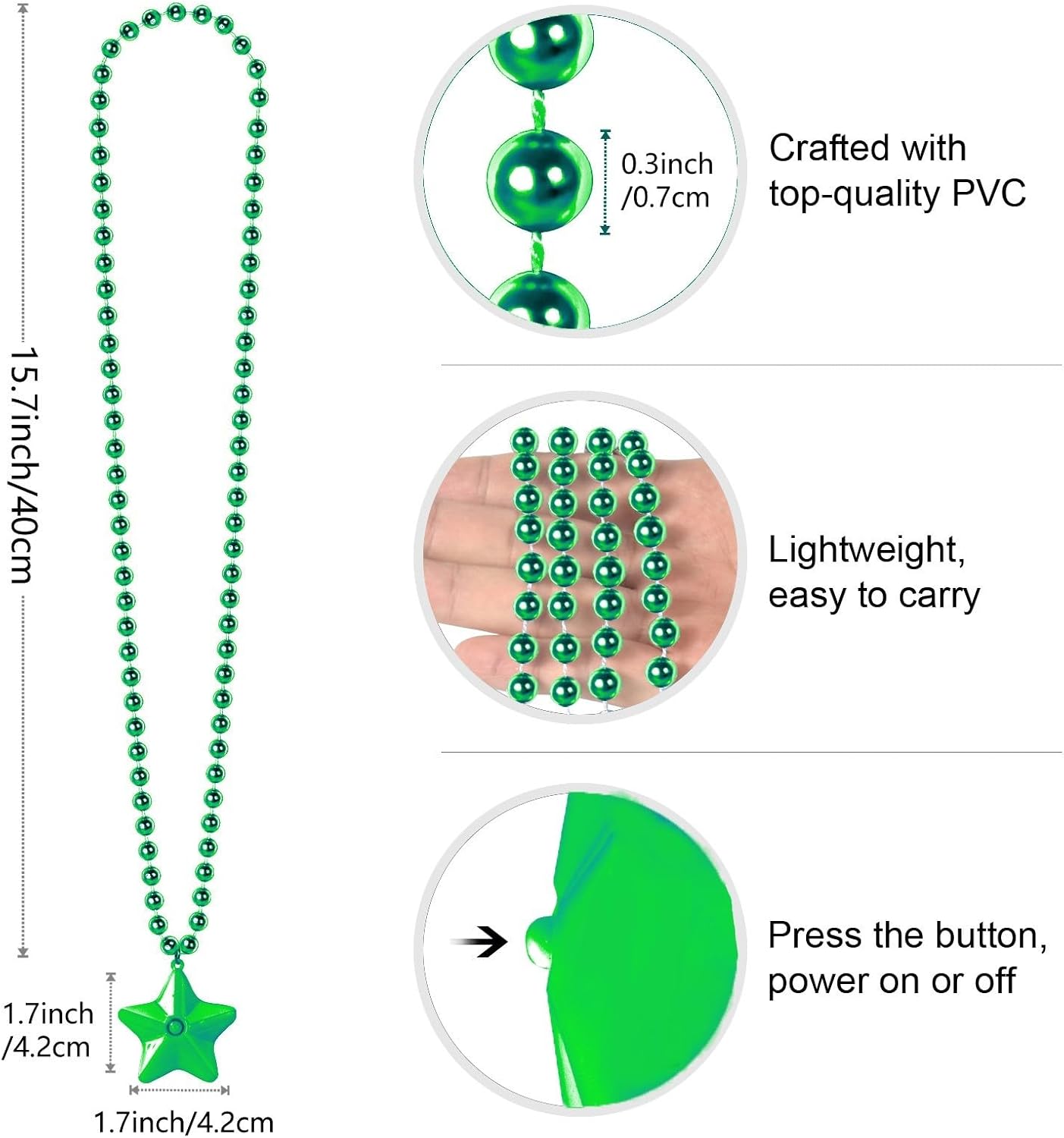 6 Pack Green LED Glow Star Necklace Bulk Beaded Necklaces for Christmas Decorations Mardi Gras Party Favors image 2