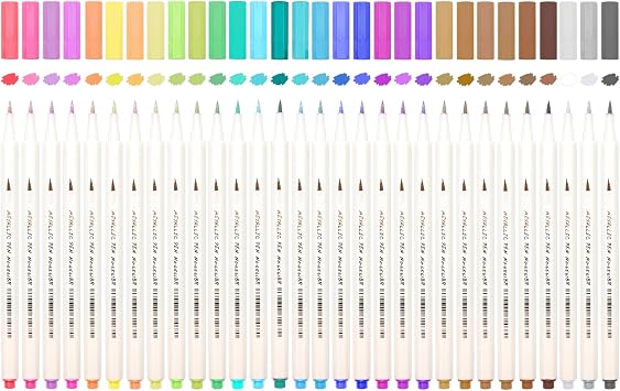 SAYEEC Metallic Brush Pens 30 Colors Art Metallic Markers Soft Brush Tip Calligraphy Paint Pens for Black Paper Rock Painting Lettering Card Making Glass Wood Canvas Plastic Stone Scrapbook Crafts