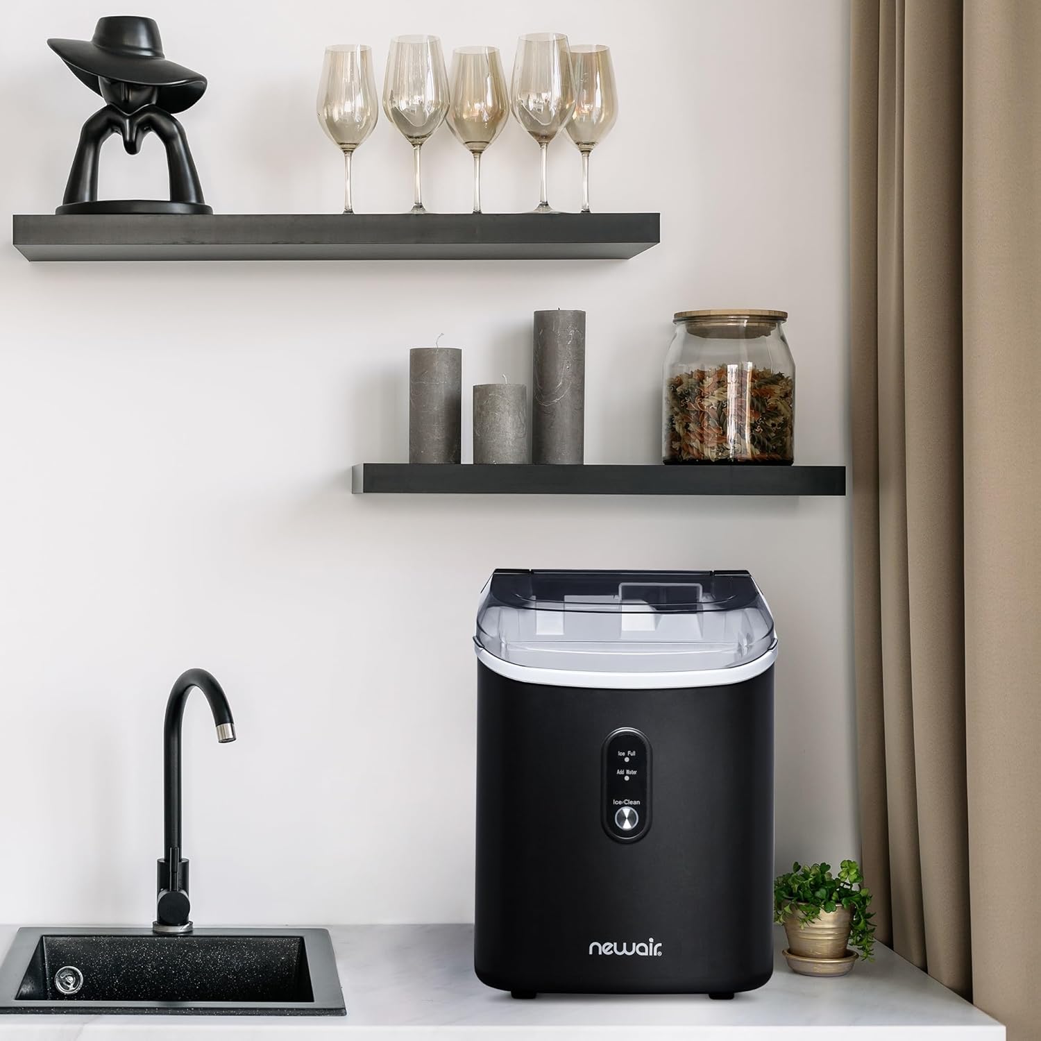 NewAir Nugget Ice Maker | Countertop Portable Ice Machine | 26 lbs/Day Soft Chewable Nugget Ice in 10 Min | Matte Black Compact Design