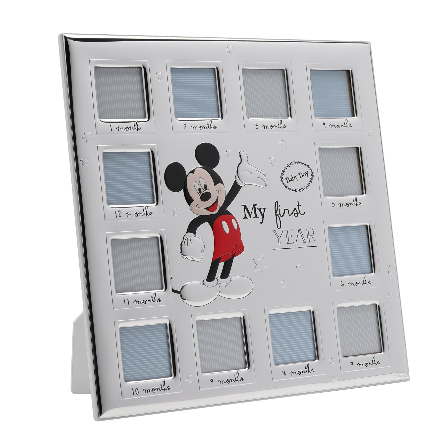 Disney – Mickey Mouse – Real Silver-Plated Multi 12 Aperture Photo Frame 'My First Year' – Made in Italy Licensed Disney Merchandise – Self-Standing Wood Back - Early Years, New Baby, Birth Gifting.