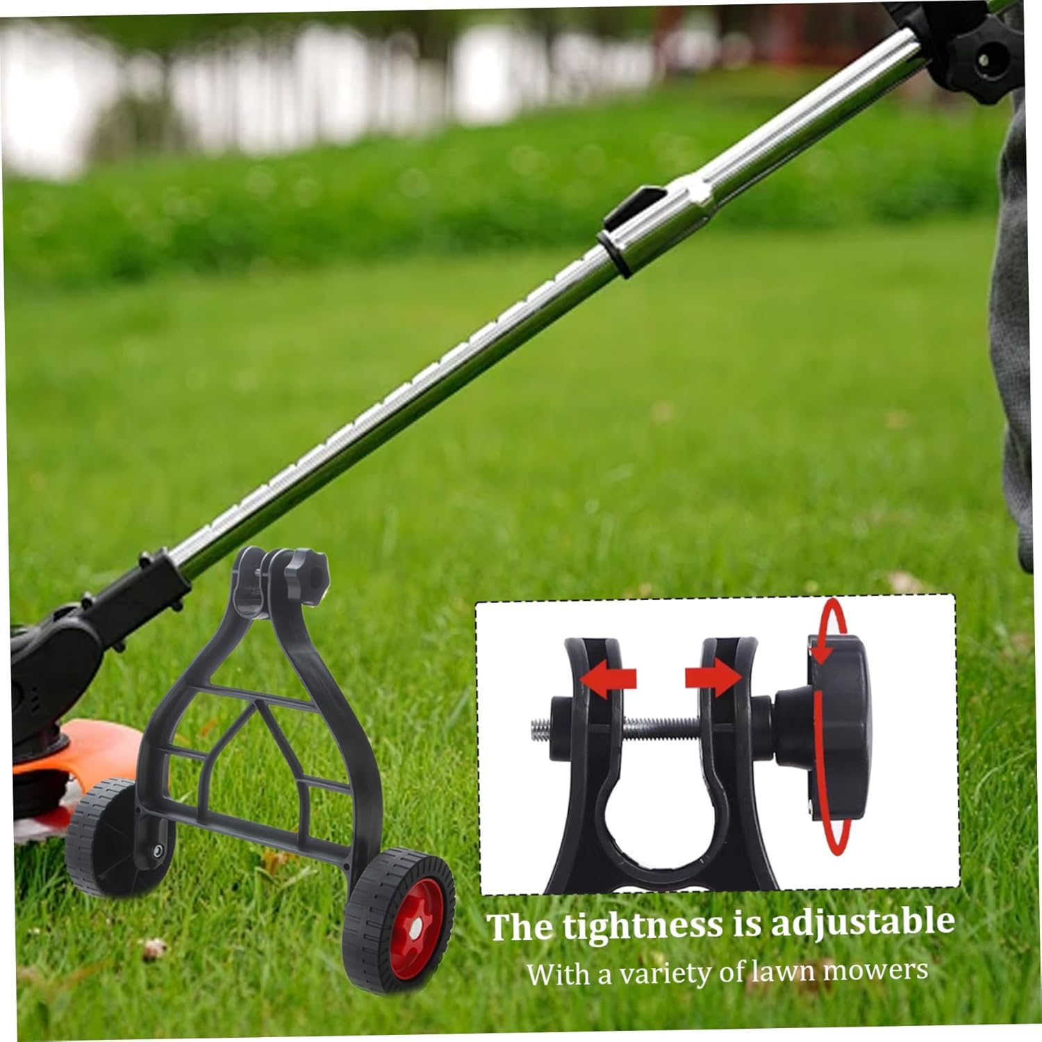 Walk Behind String Trimmer,Support Wheels for Trimmer Adjustable Lawn Mower Wheels for 25mm-28mm Trimmer Rod Easy Push Auxiliary Wheel for Walk Behind String Trimmer Attachment