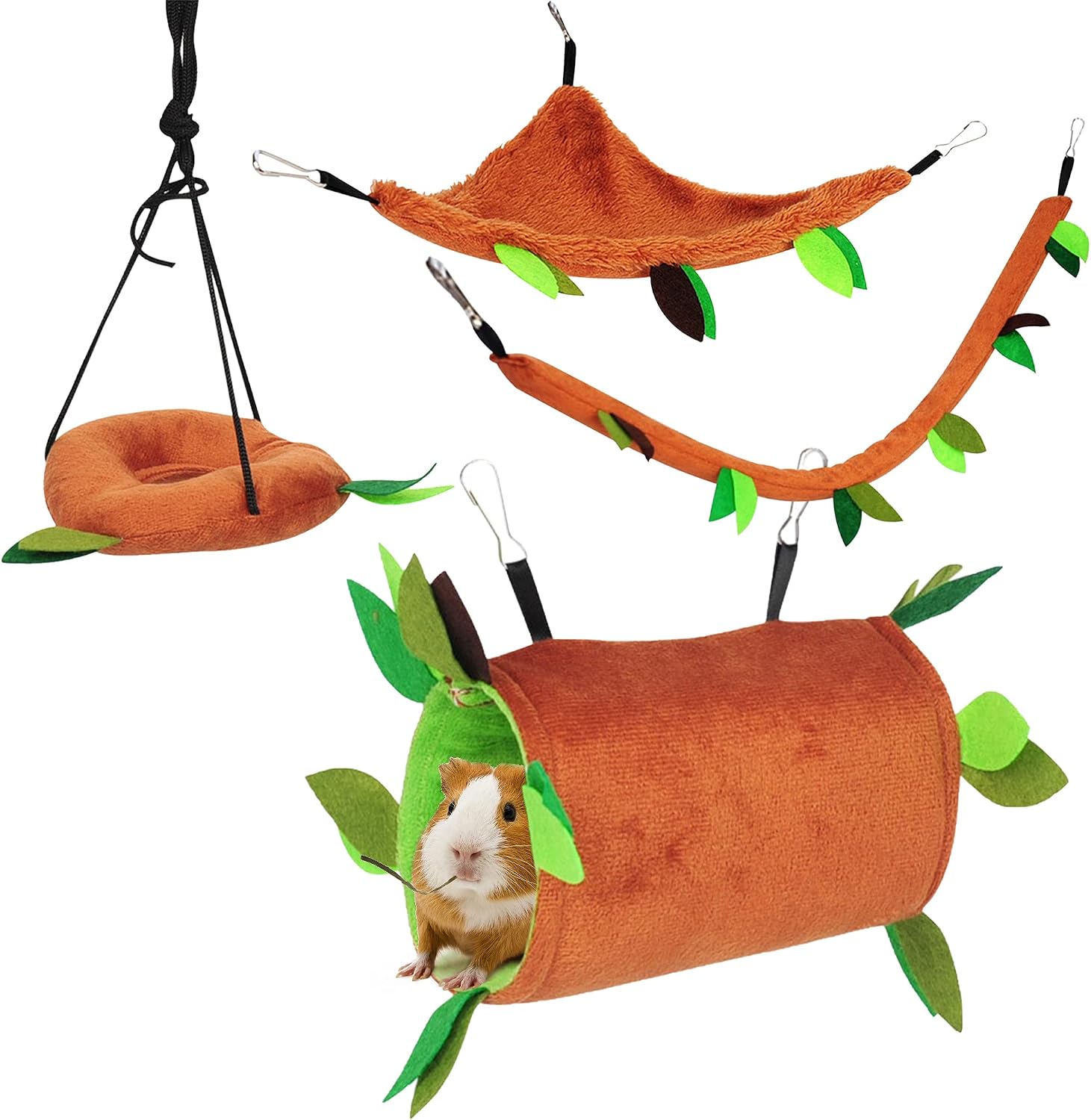 4pcs Hamster Hammock Set Small Animals Mini Rat Cage Accessories Hanging Warm Bed House Nest Forest Leaf Pattern Cage Toy Hanging Tunnel…