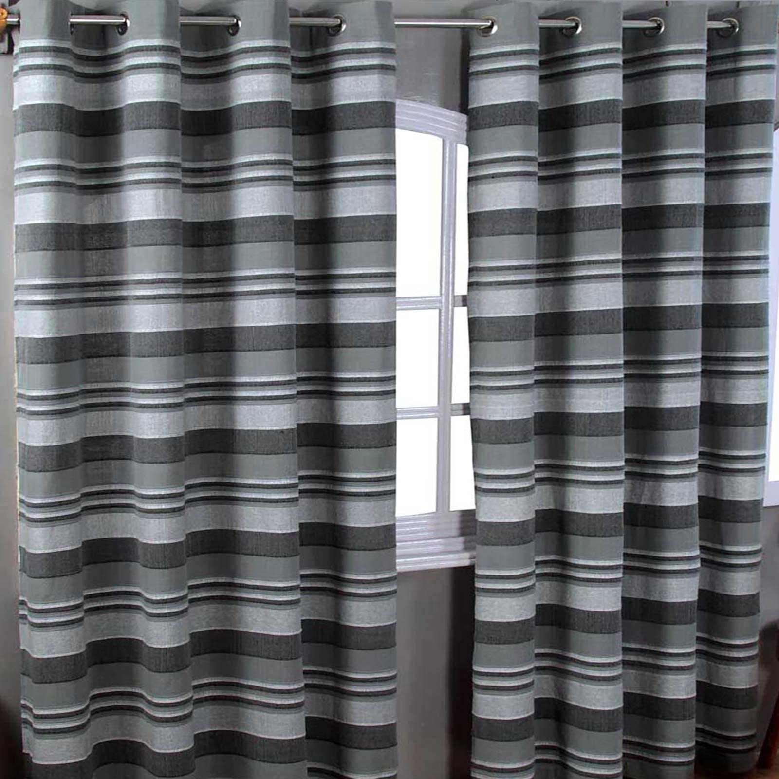HOMESCAPES Charcoal Grey Eyelet Curtain Pair 137cm (54") Wide x 137cm (54") Drop Morocco Stripe Design Ring Top Curtain Pair