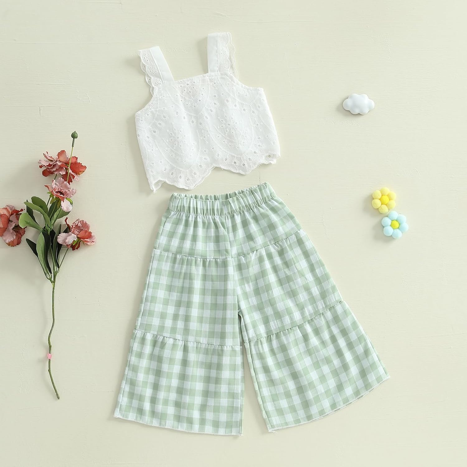 Toddler Girl Summer Outfits Eyelet Embroidery Cami Tops + Plaid Print Wide Leg Pants 2 Pcs Infant Girl Clothes Set - Image 3