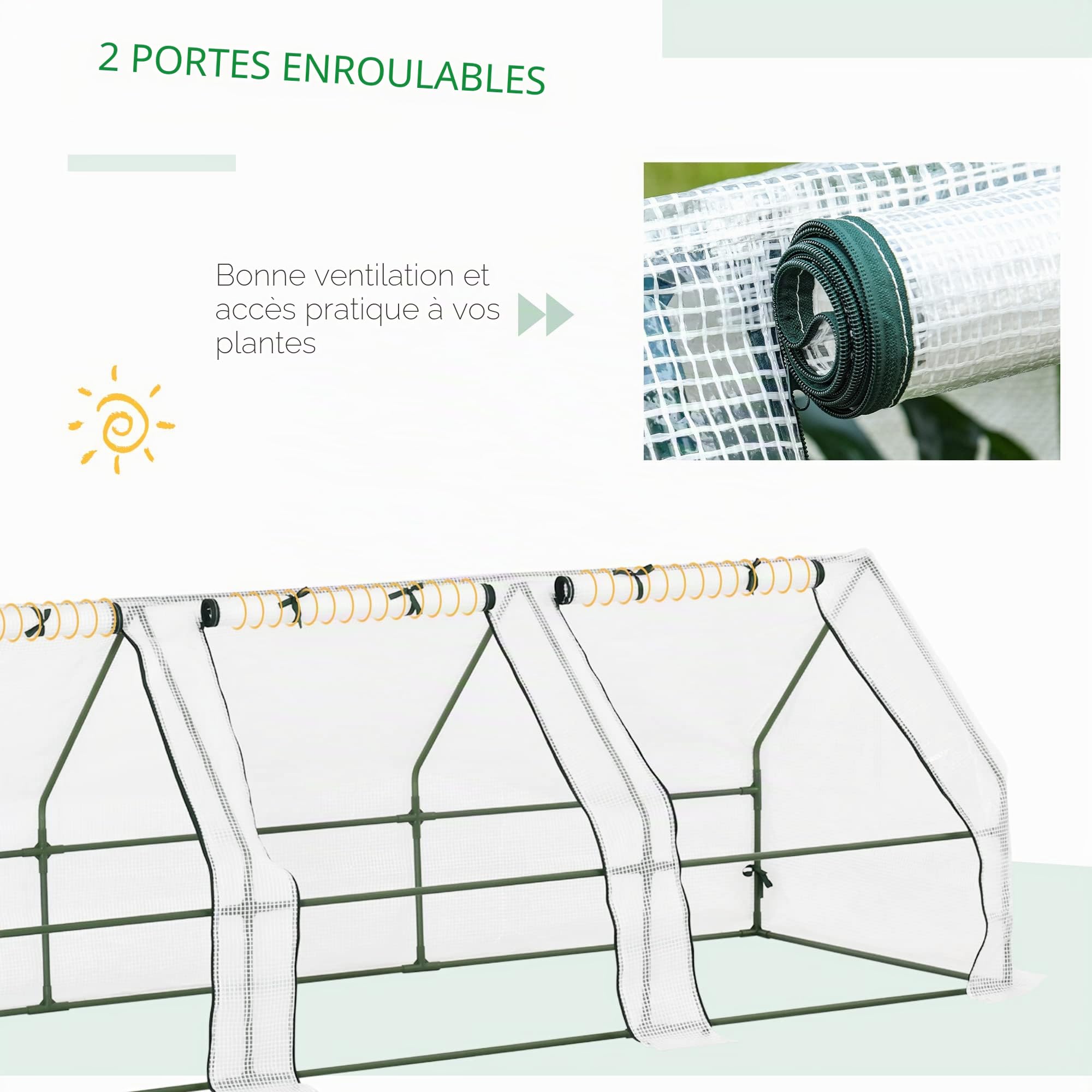 Outsunny Mini Serre de Jardin Mini Serre Tunnel 270L x 90l x 90H cm Toit Pointu Acier PE Haute densité 140 g/m² Anti-UV fenêtres avec Zip enroulables Blanc