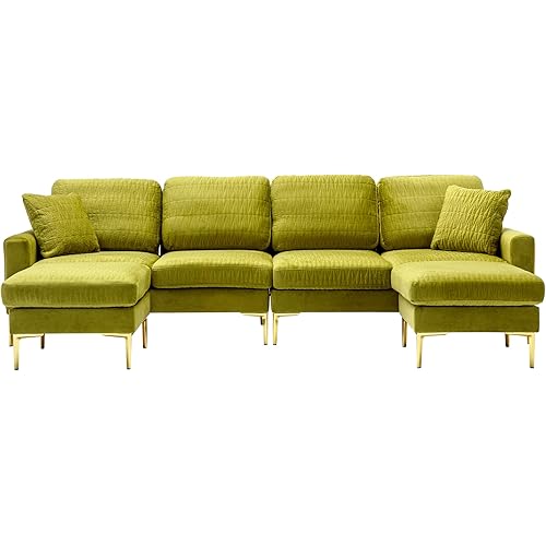 113.39” U-Shaped Sectional Sofa w/Reversible Chaise Lounge, 5-Seater Convertible Corner Couch with Double Ottomans and 2 Pillows ,Modern Minimalist Velvet Soft Sofa & Couch for Living Room Office