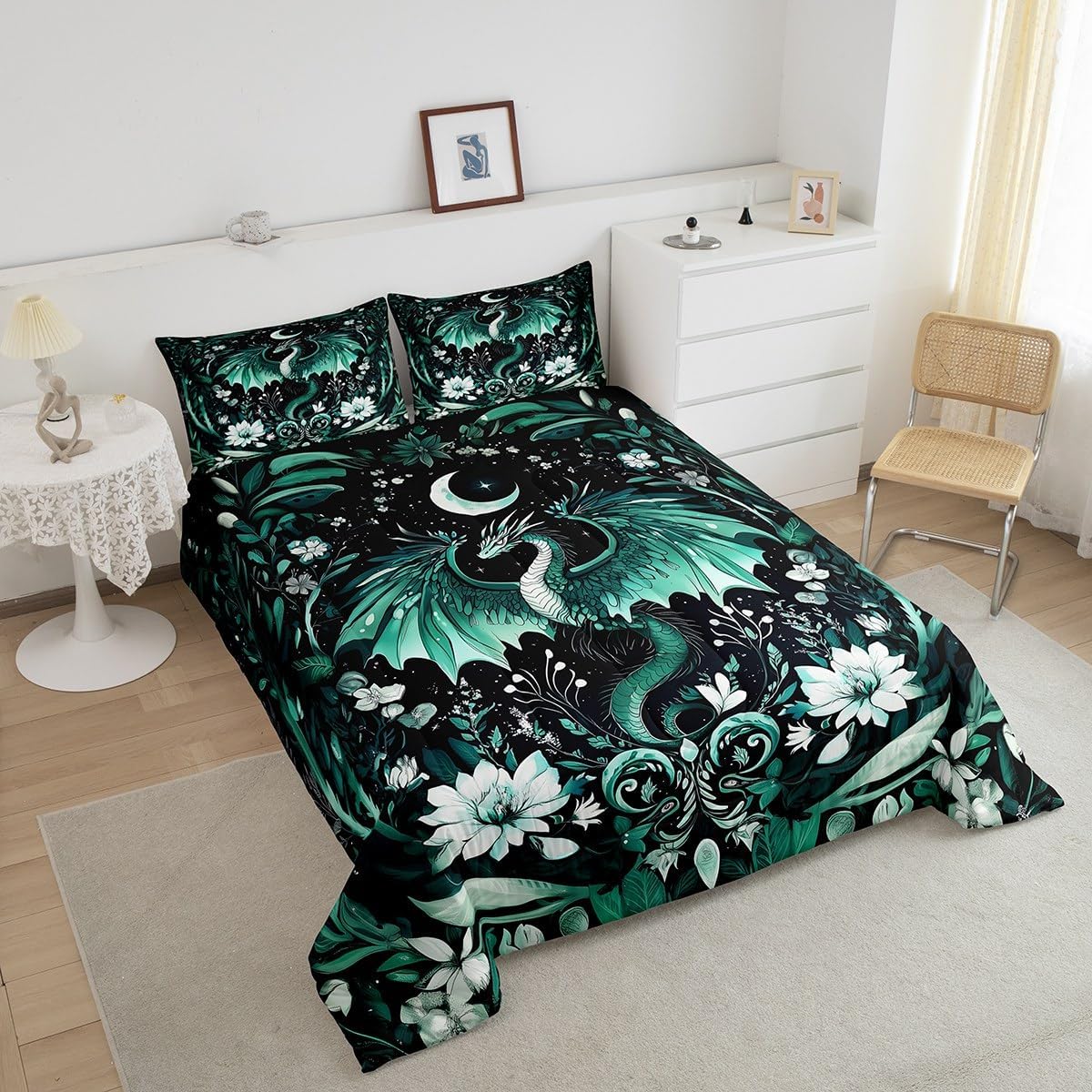 Feelyou Kids Dragon Comforter Set Full Size, Green Dragon Bedding Set Dragon Lovers Comforter for Kids Boys Girls Boho Duvet Insert Room Decor 3Pcs image 4