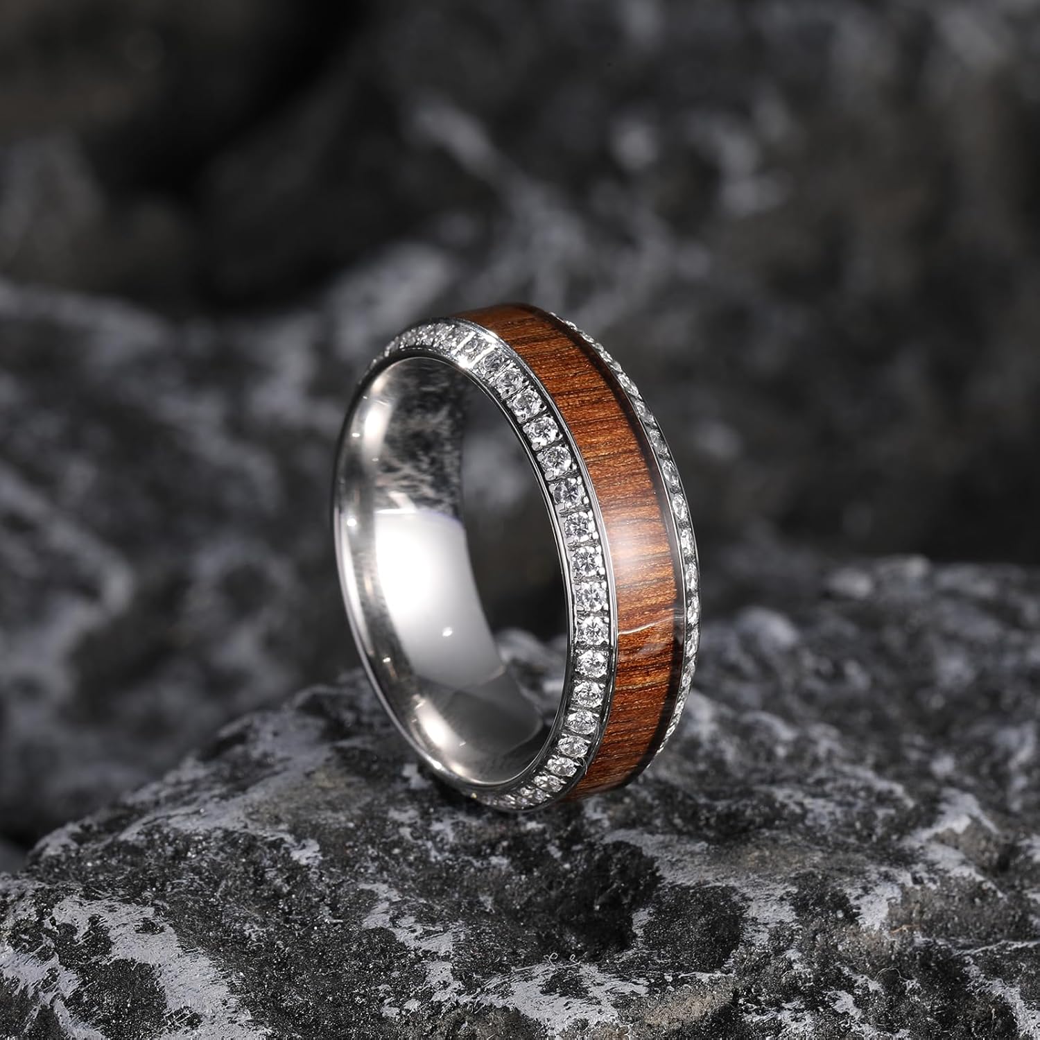 Engraved Personalized Titanium Wedding Rings for Men Cubic Zirconia Inlay Hawaiian Koa Wood Engagement Ring Eternity Band High Polished Band Comfort Fit Size 7-12 - Image 4