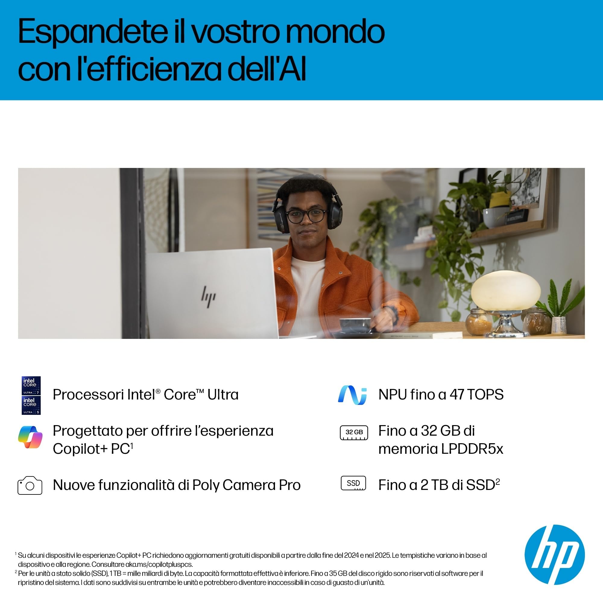 HP OmniBook 7 AI PC 17-dc0001slx, Convertibile, Copilot+ PC, Intel Core Ultra 7 258V, 32 GB RAM, 1 TB, Display 17,3" Touch FHD IPS 400 nits, Notebook, Windows 11, Laptop, Argento