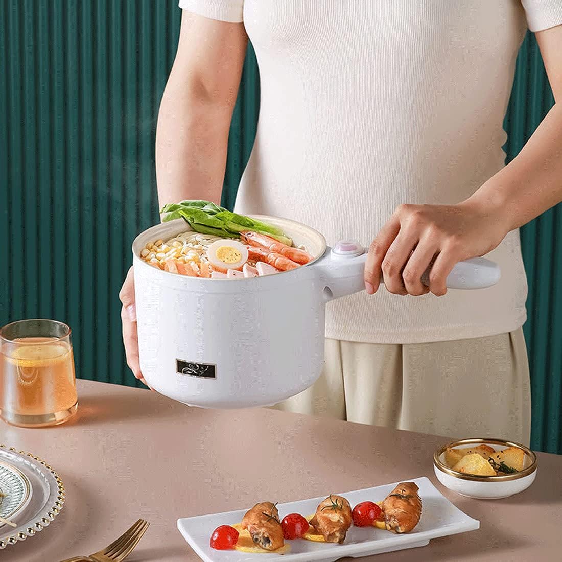 Electric Hot Pot, 1.5 L Nonstick Wok Stir Frying Pan with Stainless Steel Food Steamer Power Adjustment Skillet Saucepan for Stir Fry, Steak, Egg, Fried Rice, Oatmeal, Soup (Stainless Steel)