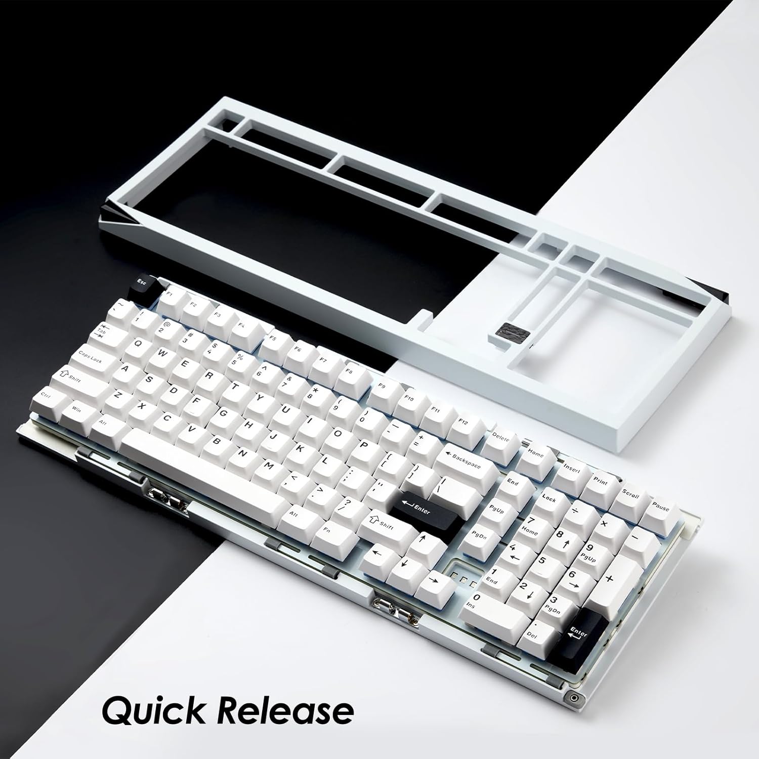 Akko Mineral 02 keyboard with top case detached, illustrating quick release mechanism