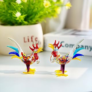 HDCRYSTALGIFTS Set 2 Mini Glass Rooster Figurines Hand Blown Art Glass Animal Statues Miniatures Collectible Figurines Decor