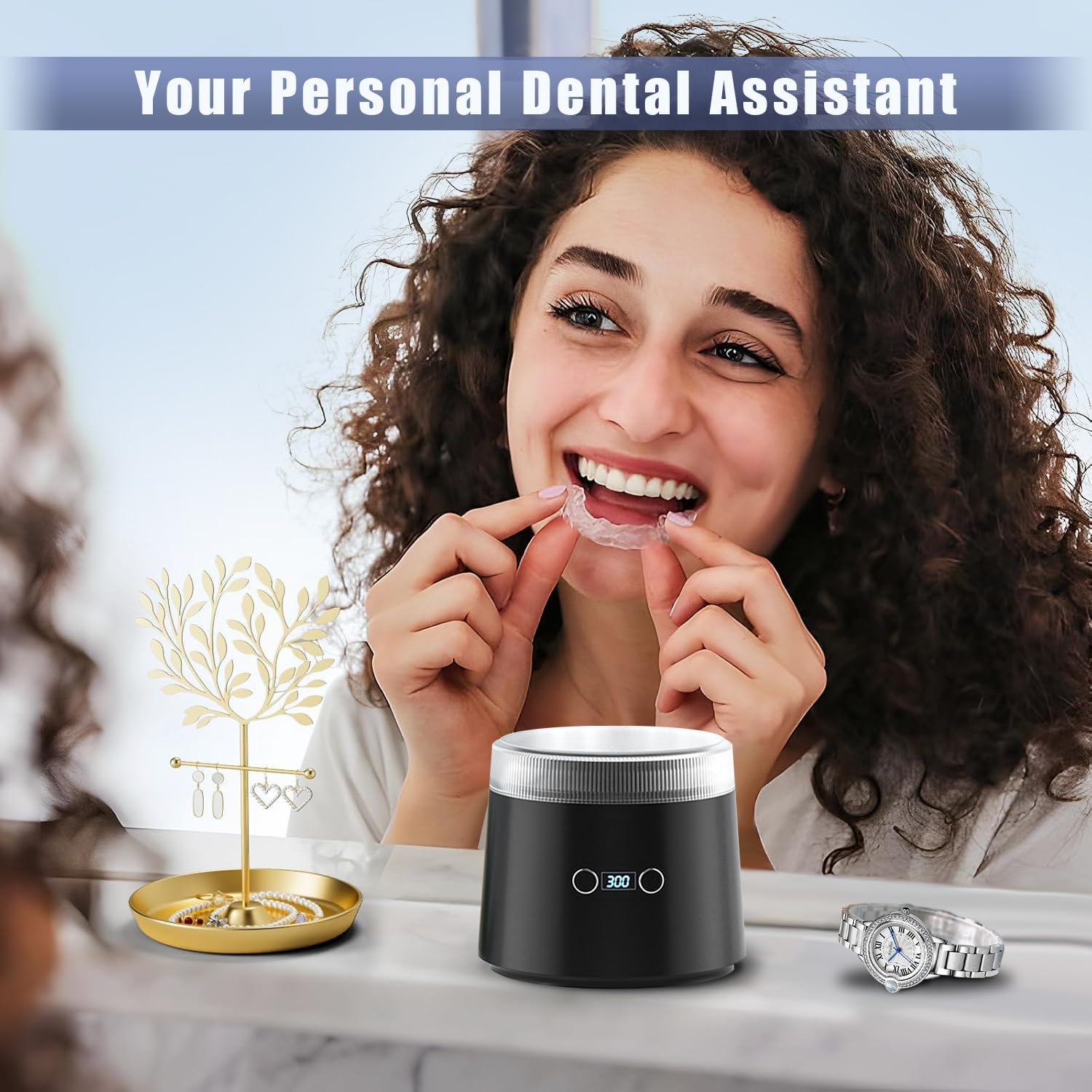 Pulitore Ultrasuoni， 48000Hz Pulitore Gioielli Ultrasuoni， Lampada UV Lavatrice Ultrasuoni per Apparecchio Denti Protesi Dentali Retainer Anelli Collane (nero)