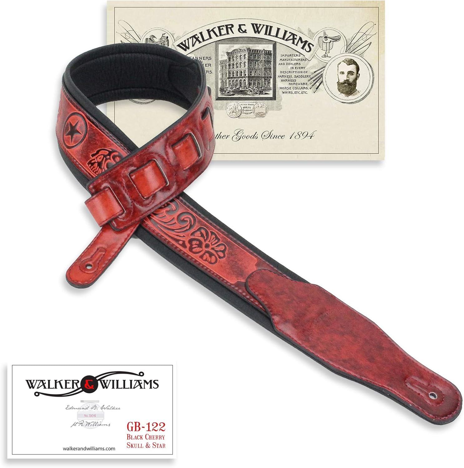 Walker & Williams GB-122 Black Cherry Padded Guitar Strap with Texas Star and Skull Design For Acoustic, Electric, And Bass Guitars