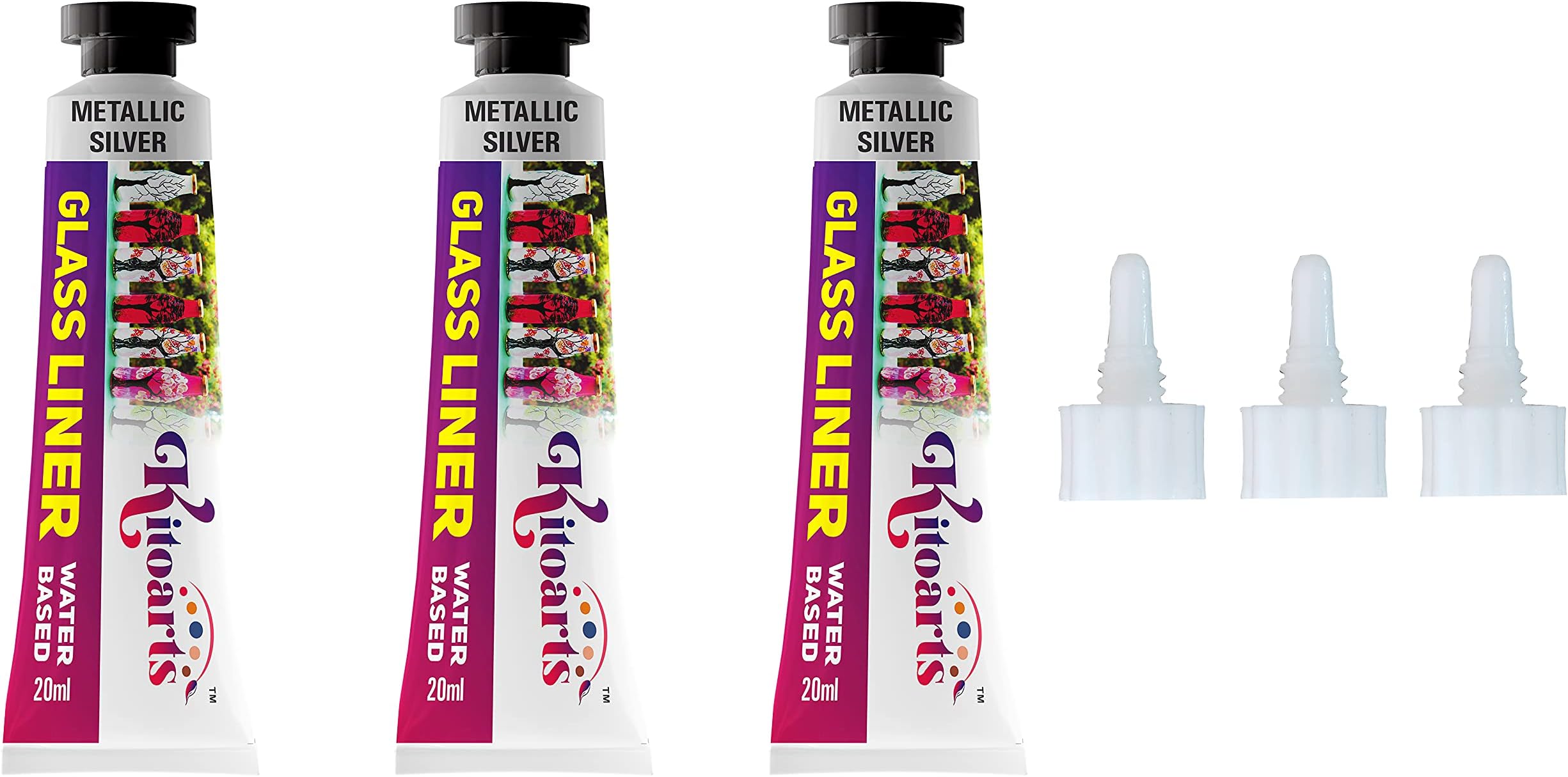 Kitoarts Glass Liner Metallic Silver, 20 Ml Each , Set Of 3, Liner For Glass Painting (Metallic Silver)