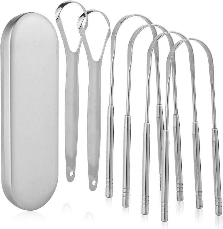 6 Pack Tongue Scrapers - Reusable & Easy to Clean Tongue Scrubber with Travel Case for Adults & Kids - Medical-Grade 100% Stainless Steel Tongue Cleaner for Fresh Breath & Oral Care