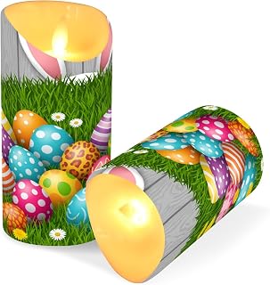 Easter Flameless Candles Set of 2 Rabbit Bunny Colorful Eggs Realistic LED Candles with Remote Battery Operated Holiday Decorations