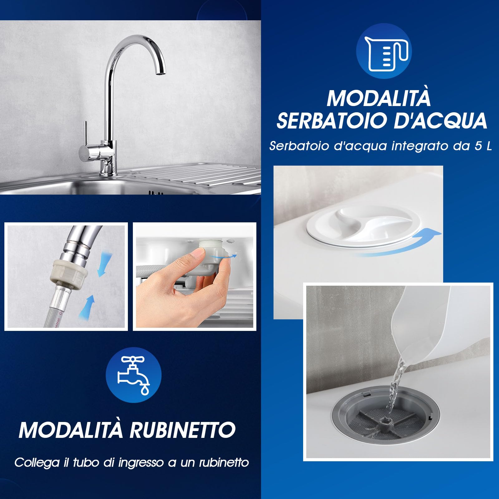 AIRMSEN Mini Lavastoviglie da Tavolo 5+1 Programmi, Serbatoio 5L, 2 Modi di Approvvigionamento Idrico, Touch Control e Display LED, Ideale per Cucine, Appartamenti e Dormitori, Bianco