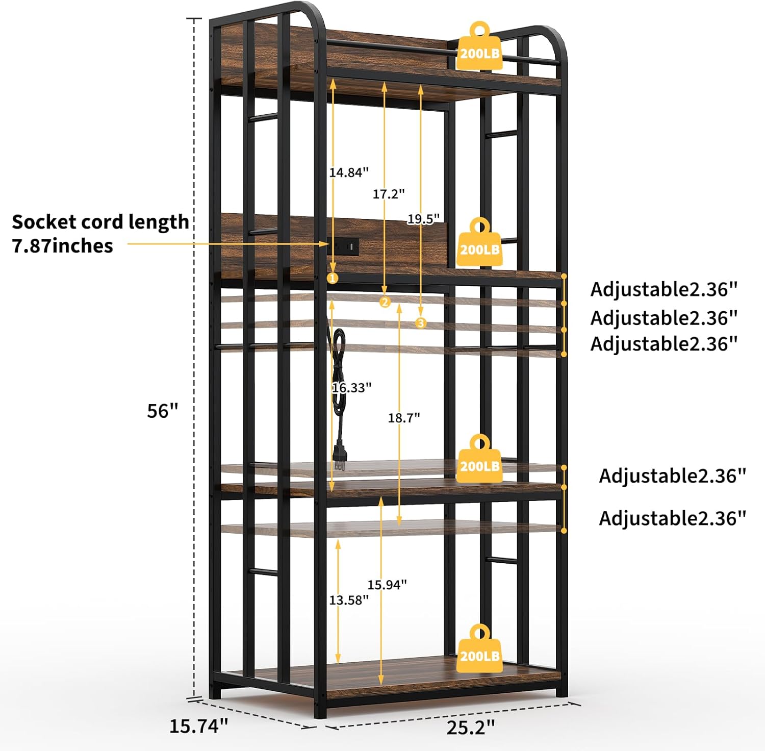 4-Tier Bakers Rack for Kitchen with Power Outlet, Industrial Microwave Stand Shelf, Coffee Bar for Storage in Living Room, Garage Free Standing Kitchen Storage Shelf Rack