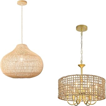 LynPon 15.74 Rattan Boho Pendant Lights & 17.7" Boho Rattan Chandeliers, 1 Lights Natural & 6-Light Gold Farmhouse Hand-Woven Pendant Light with Wicker Shade, Coastal Hanging Light for Living Room K