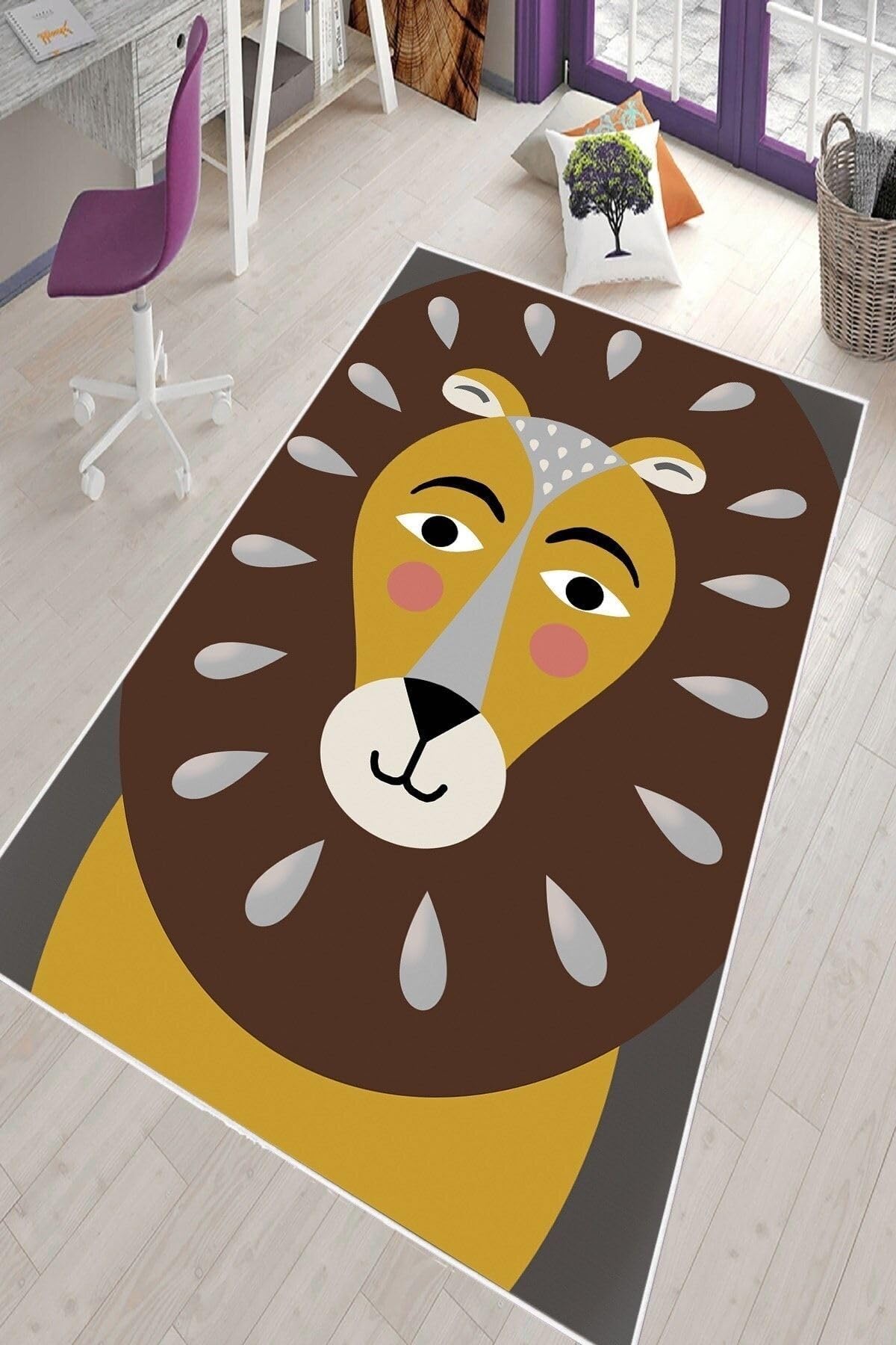 Pelangi Gri Aslan Desenli Çocuk Yıkanabilir Kaymaz Taban Leke Tutmazbebek Ve Çocuk Odası Halısı, Kahverengi-Taba 80 x 500, 90135704680500