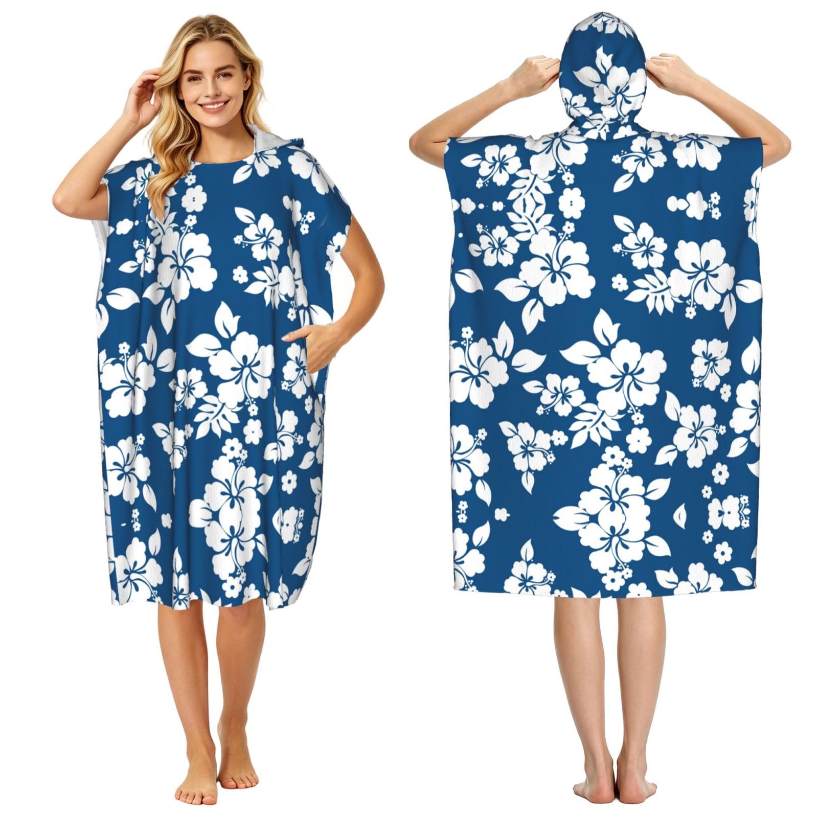 EZDLOWVBA Hawaii Flower Print Hooded Poncho Microfiber Beach Towel,Adult Women & Men Changing Robe,Lightweight Summer Surf Swim Bath Poncho Towel