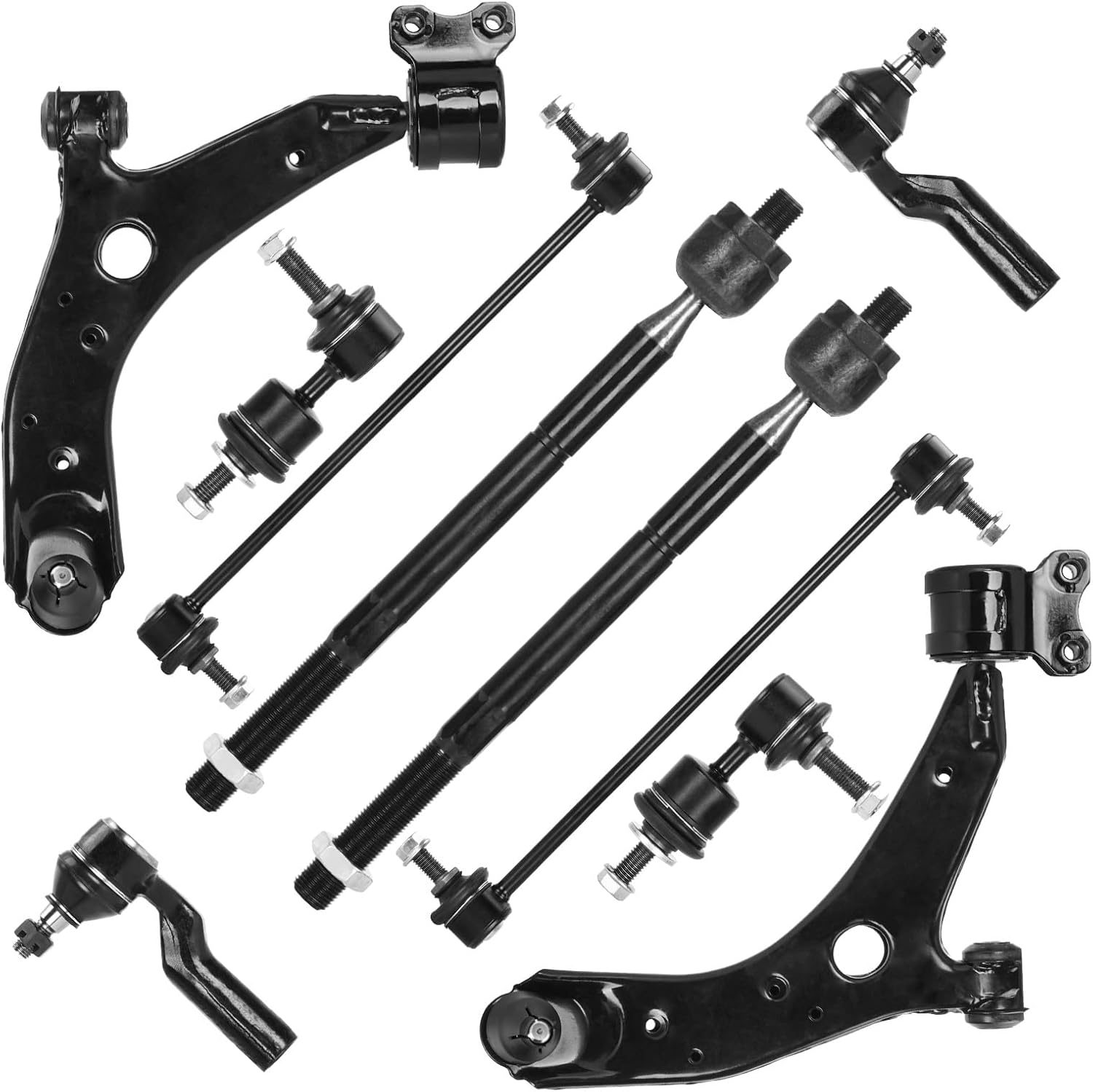 10pcs Front Lower Control Arms w/Ball Joints + Tie Rods + Sway Bar Links for Mazda 3 2004-2009, Mazda 5 2006-2017, Suspension Kit K620040 K620041