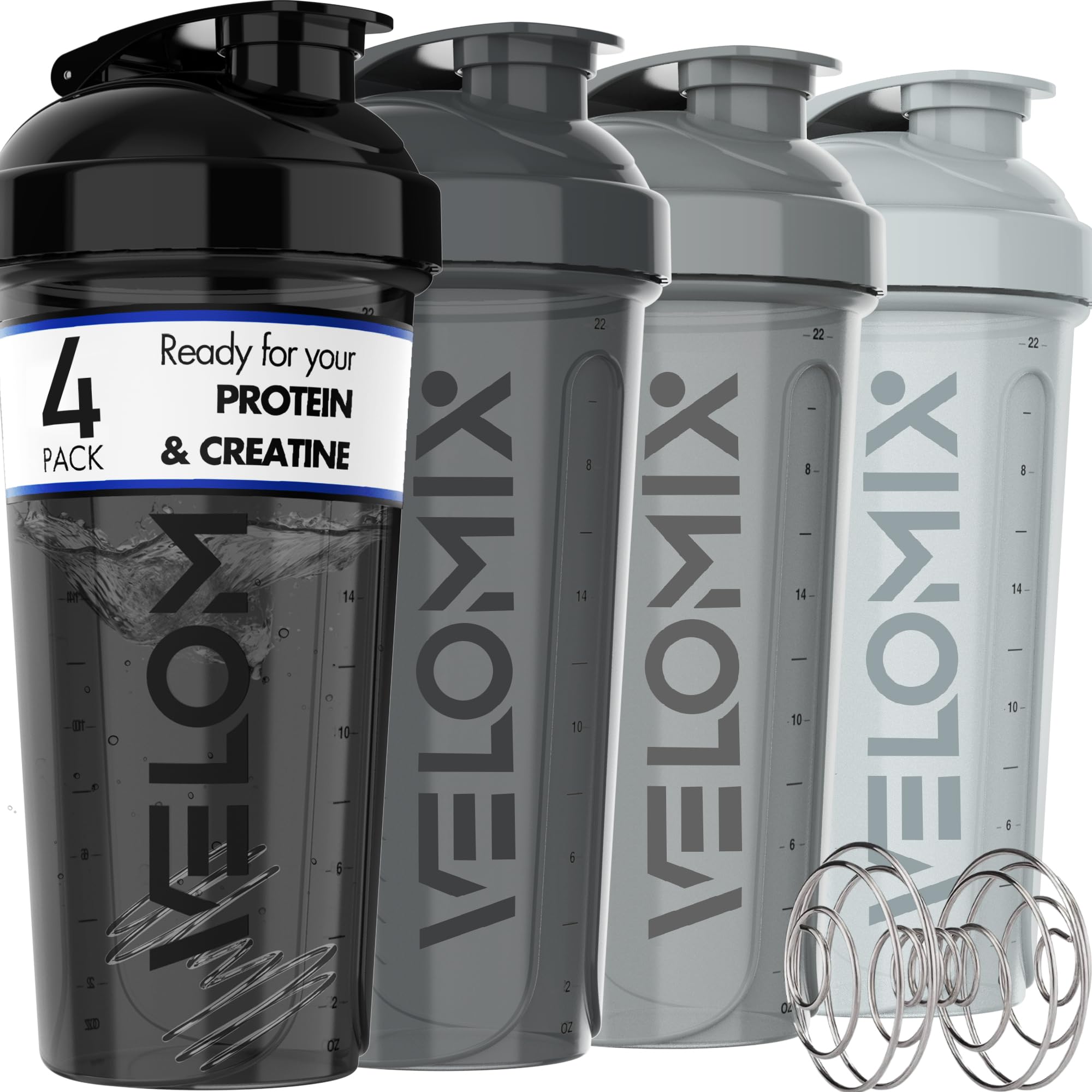 4 Pack- 28 oz Protein Shaker Bottles for Protein Mixes - 4x Wire Whisk | Leak Proof Shaker Cups for Protein Shakes | Protein Shaker Bottle Pack (Silver Mix)