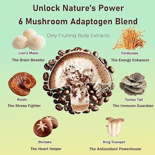 Miniatura 3 de Café de hongos, 10.58 onzas de café instantáneo de hongos adaptogénicos en polvo, melena de león, reishi, cola de pavo, cordyceps, trompeta King y