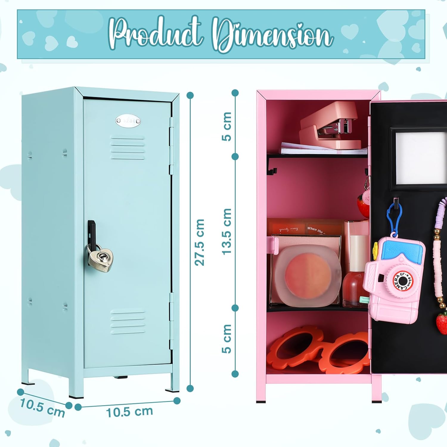 2 Pcs Mini Metal Locker Storage with Lock and 2 Keys 10.8 Inch Small Money Security and Cash Safe Box for Jewelry Back to School Home Office Desktop Container(Pink Teal)