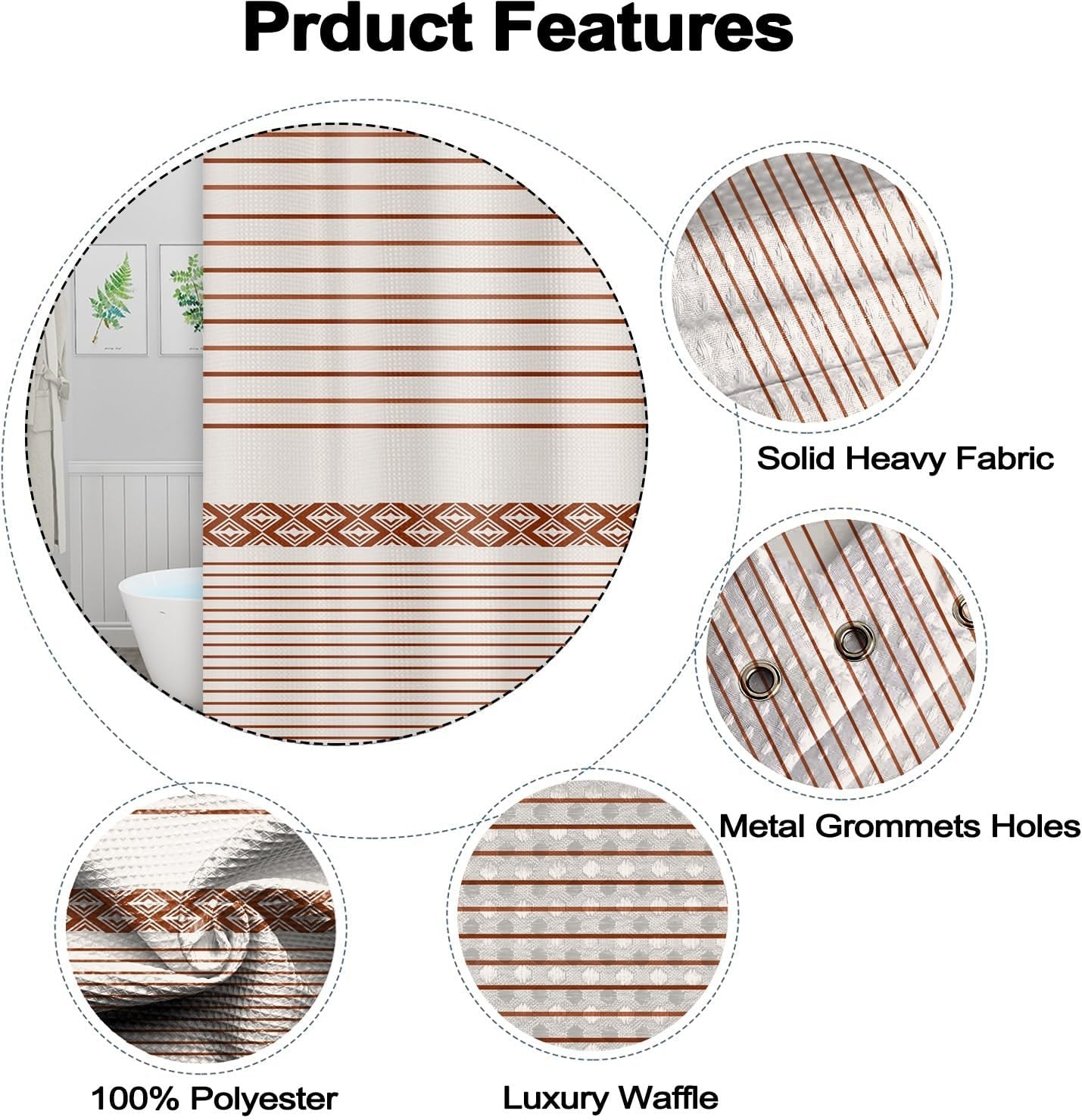 Bunrt Orange Shower Curtain for Bathroom Boho Striped Lines Waffle Fabric Shower Curtain Set with Hooks Modern Farmhouse Waterproof Curtains 72x72inches