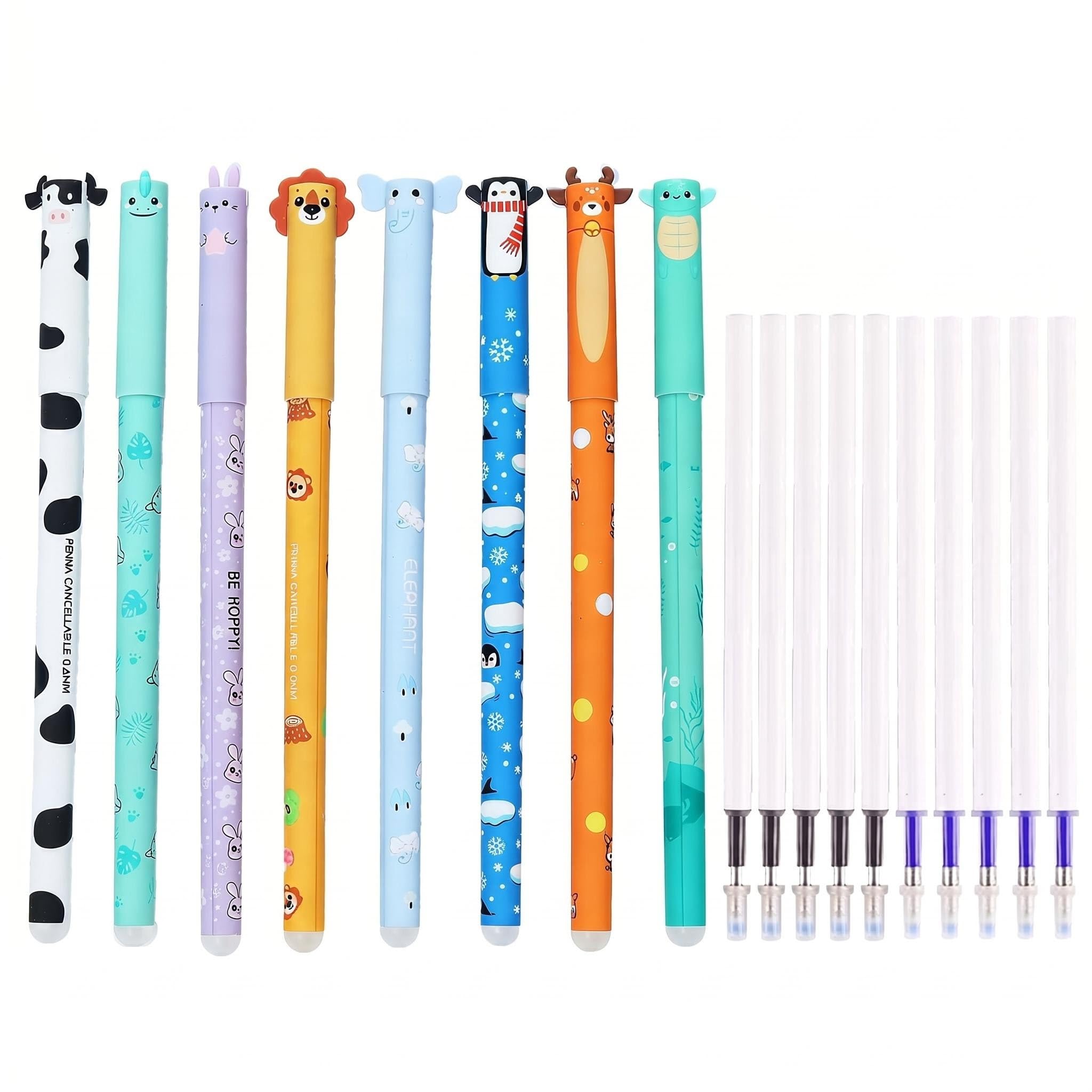 LEBKFT 8 Pcs Cartoon Animal Erasable Gel Pens with 10 Refills, Cute Rub Out Pen with Eraser for School, Office, Home Stationery Supplies