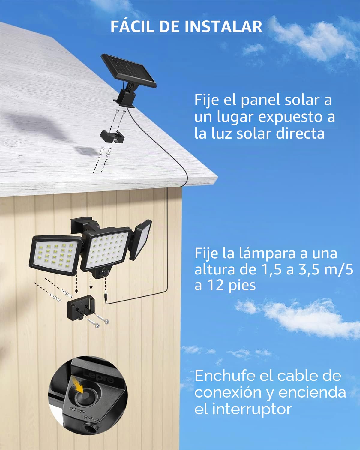 Lepro Luz Solar Exterior Detector de Movimiento, 72 LED 1000 LM, Pack de 2 | Foco Solar Exterior Potente de Seguridad, Impermeable IP65, 3 Cabezales, Ángulo de 270° Rotación de 360° para Jardin Garaje