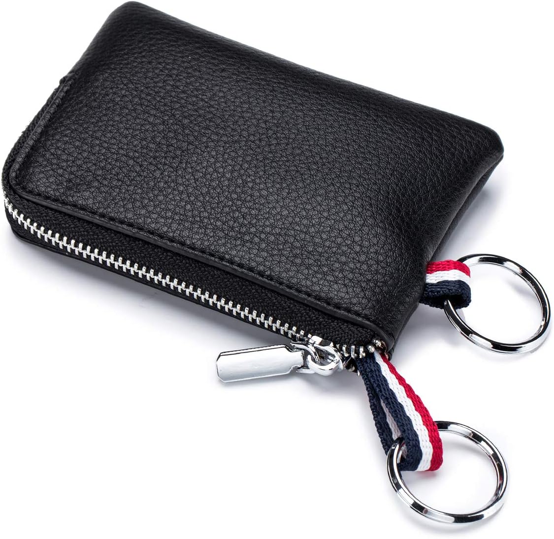 Leather Coin Purse Wallet, Mini Dual Keyrings Change Pouch Card Holder for Men Women (Black, standard)