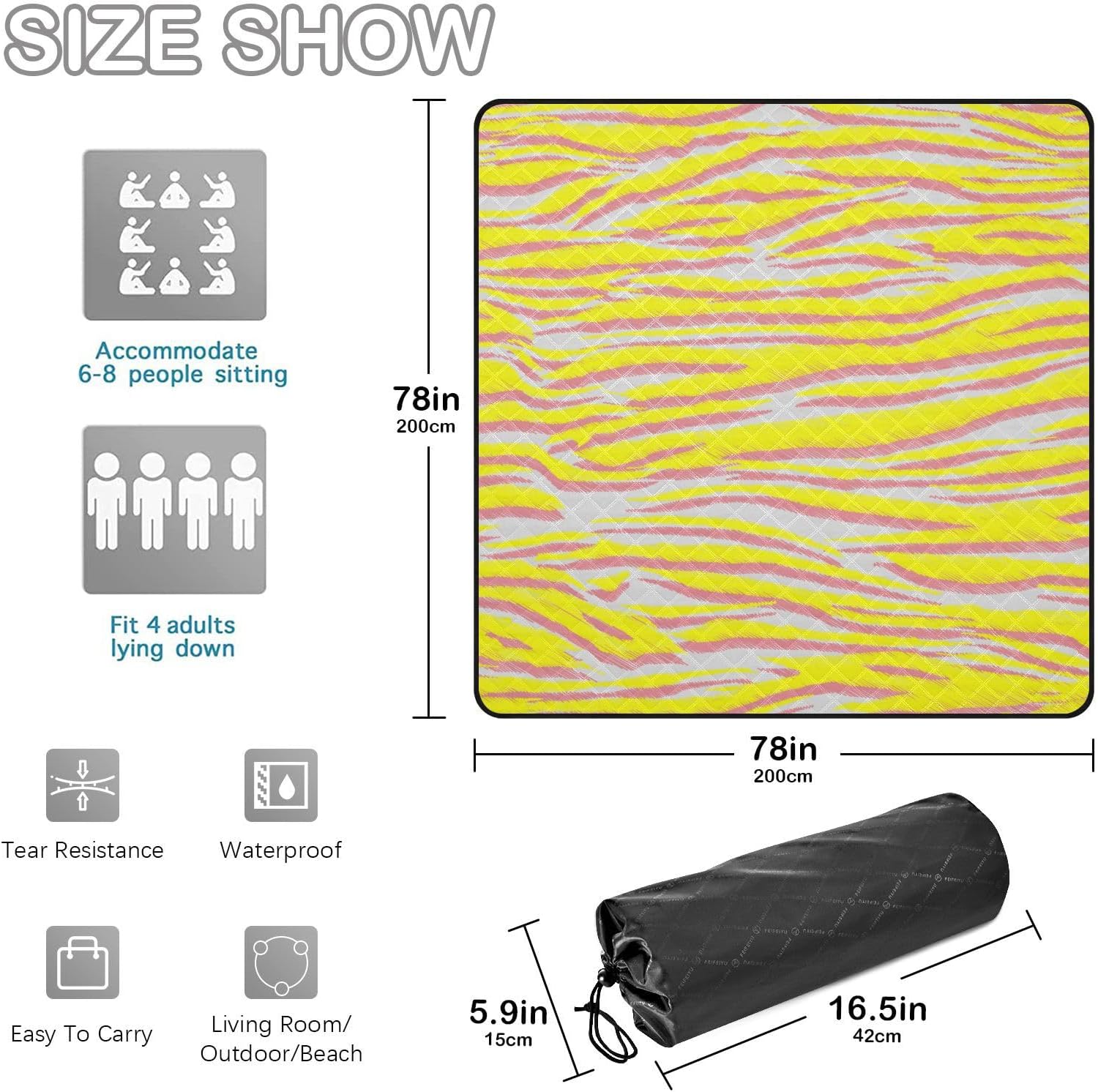 Hand Drawn Animal Skin Tigers Waterproof Picnic Accessories Large Outdoor Camping Blanket Packable for Family Concert Blanket Manta de Picnic